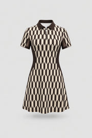 Women's patterned polo golf dress in Verona Print design with zip-front collar and contoured shaping seams