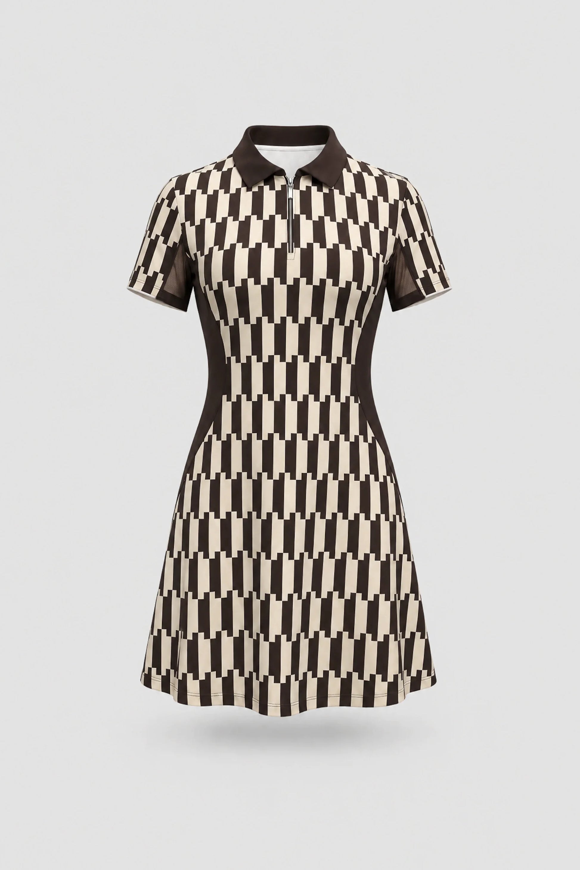 Women's patterned polo golf dress in Verona Print design with zip-front collar and contoured shaping seams