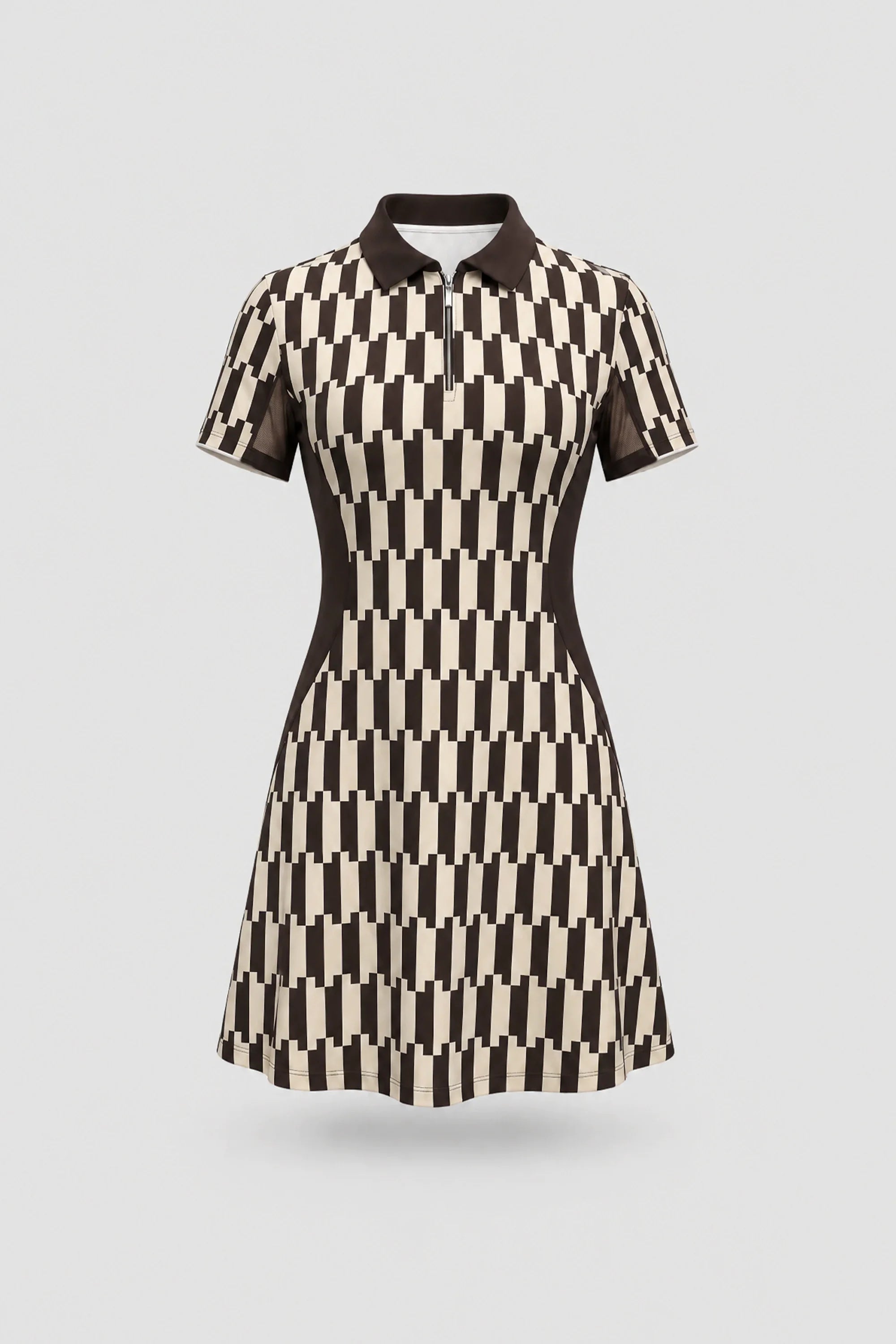 Women's patterned polo golf dress in Verona Print design with zip-front collar and contoured shaping seams