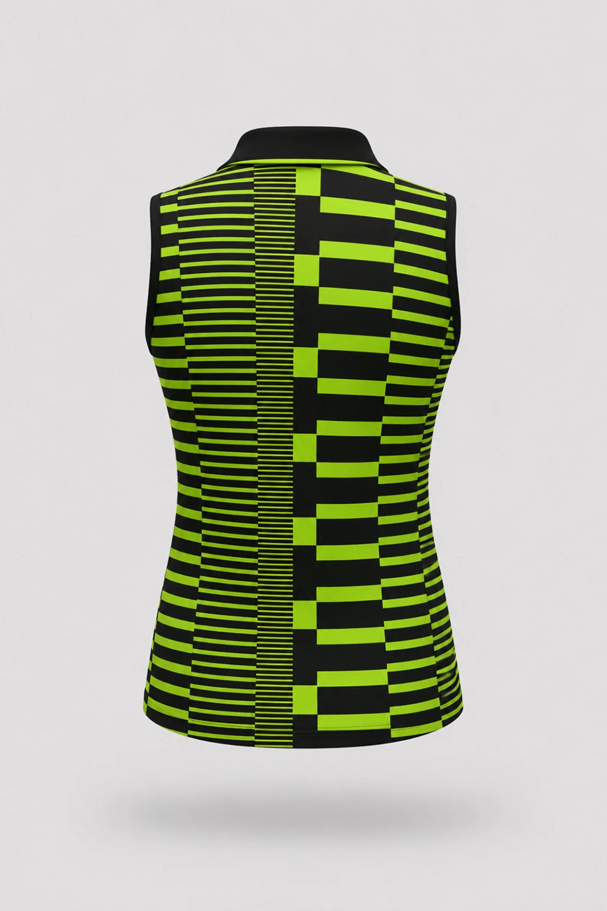 Back view of women's patterned sleeveless golf polo featuring Circuit Stripe design and athletic fit