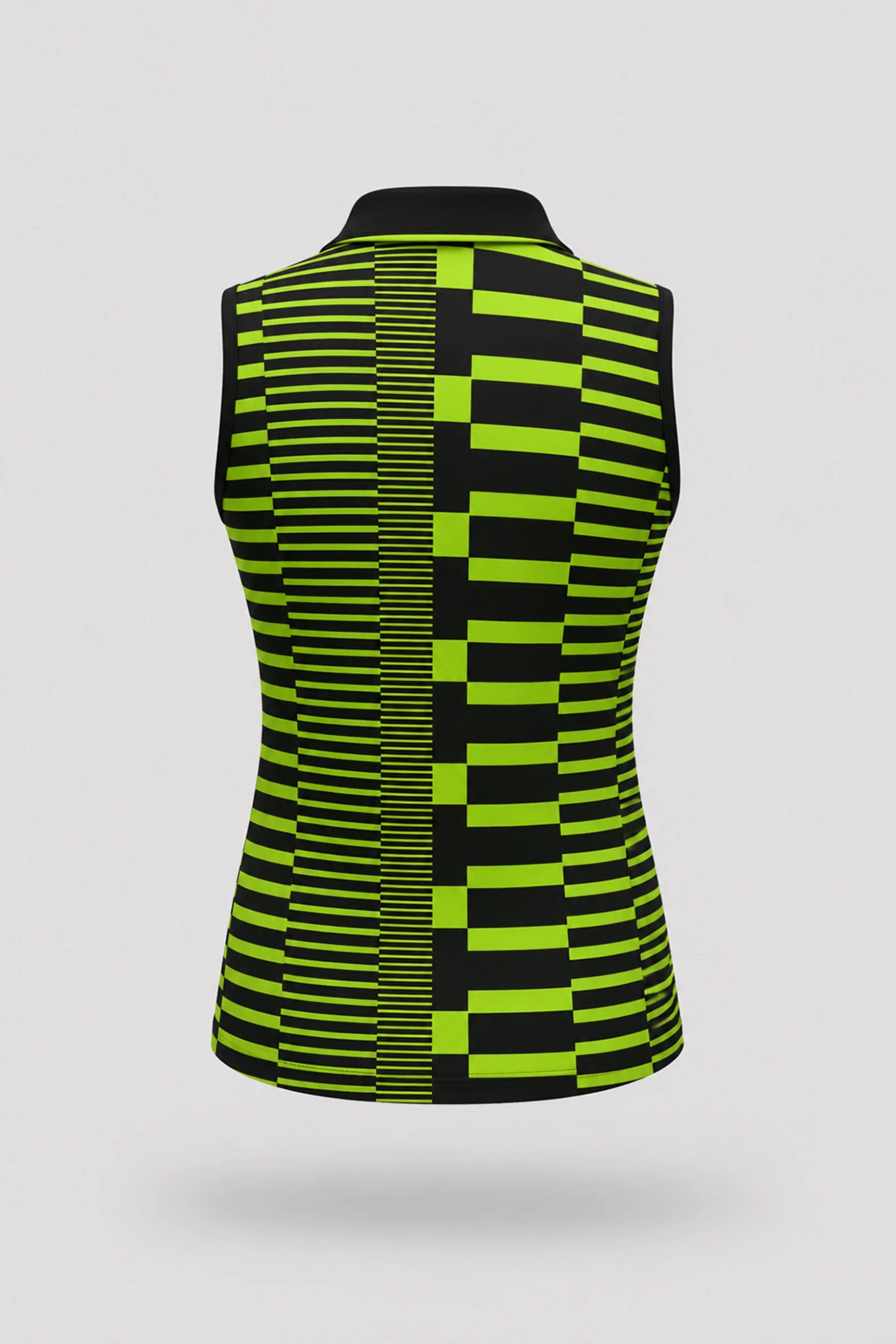 Back view of women's patterned sleeveless golf polo featuring Circuit Stripe design and athletic fit