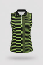 Women's patterned sleeveless golf polo in Circuit Stripe design with zip-neck collar and lightweight stretch fabric