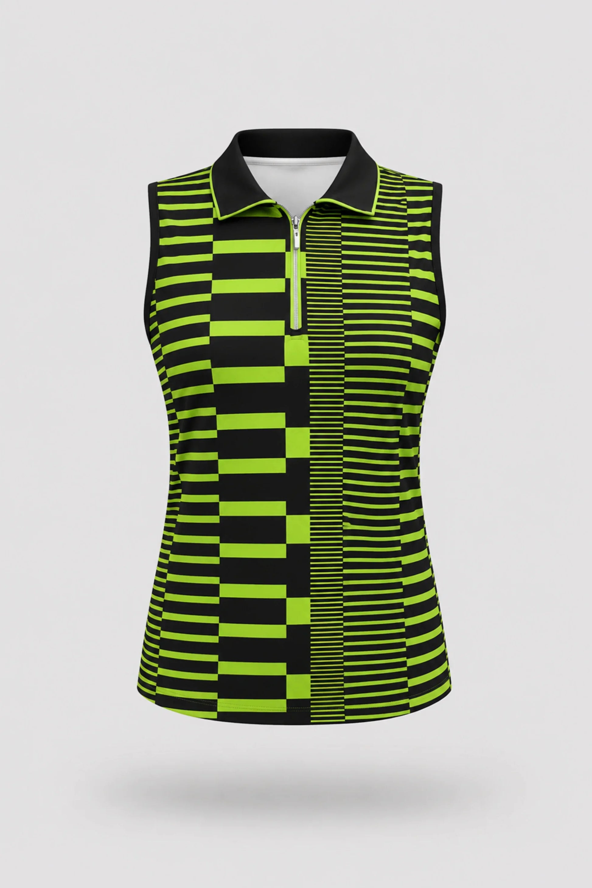 Women's patterned sleeveless golf polo in Circuit Stripe design with zip-neck collar and lightweight stretch fabric
