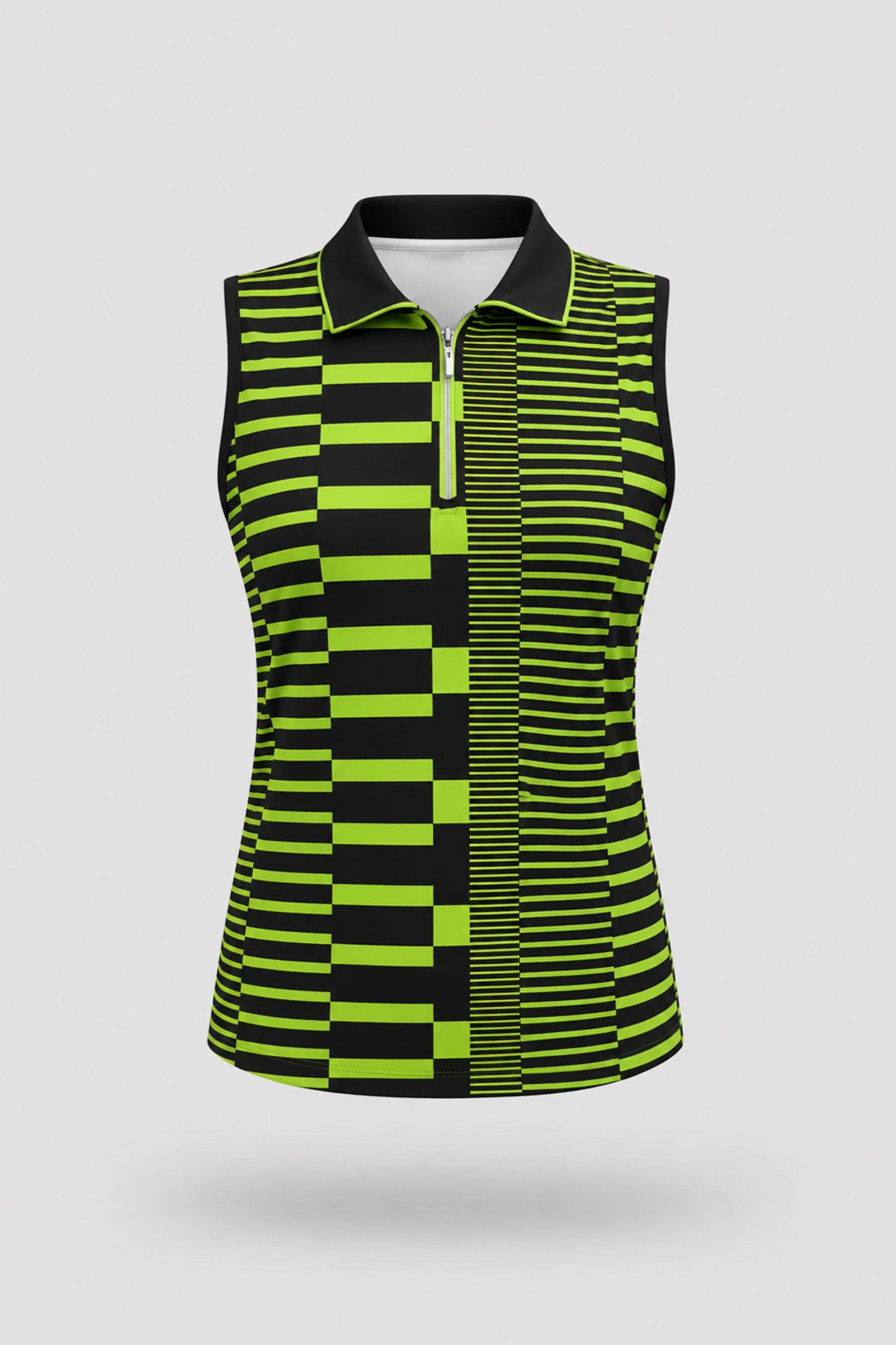 Women's patterned sleeveless golf polo in Circuit Stripe design with zip-neck collar and lightweight stretch fabric