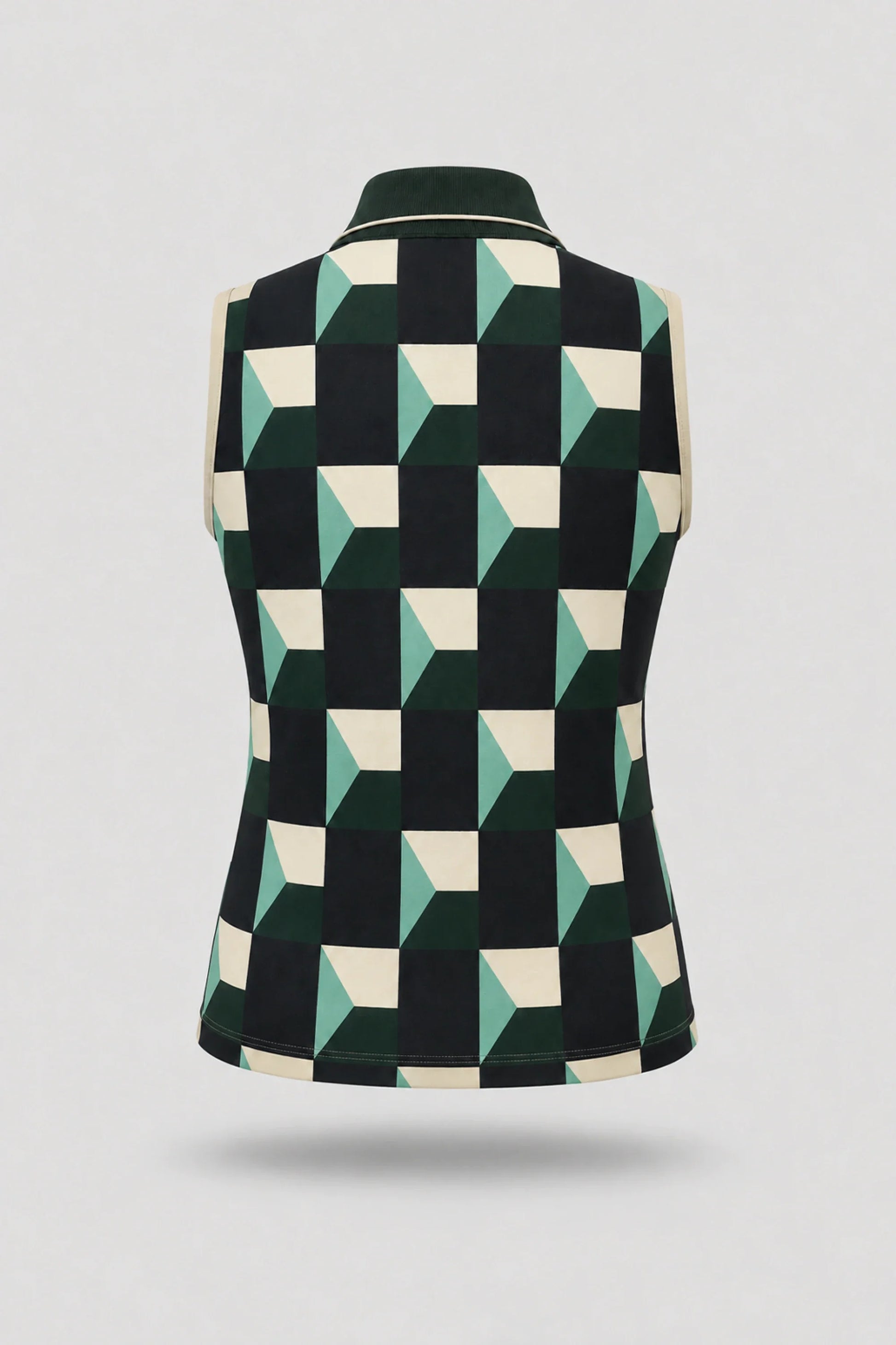 Back view of women's patterned sleeveless golf polo featuring Club Geo design and athletic fit
