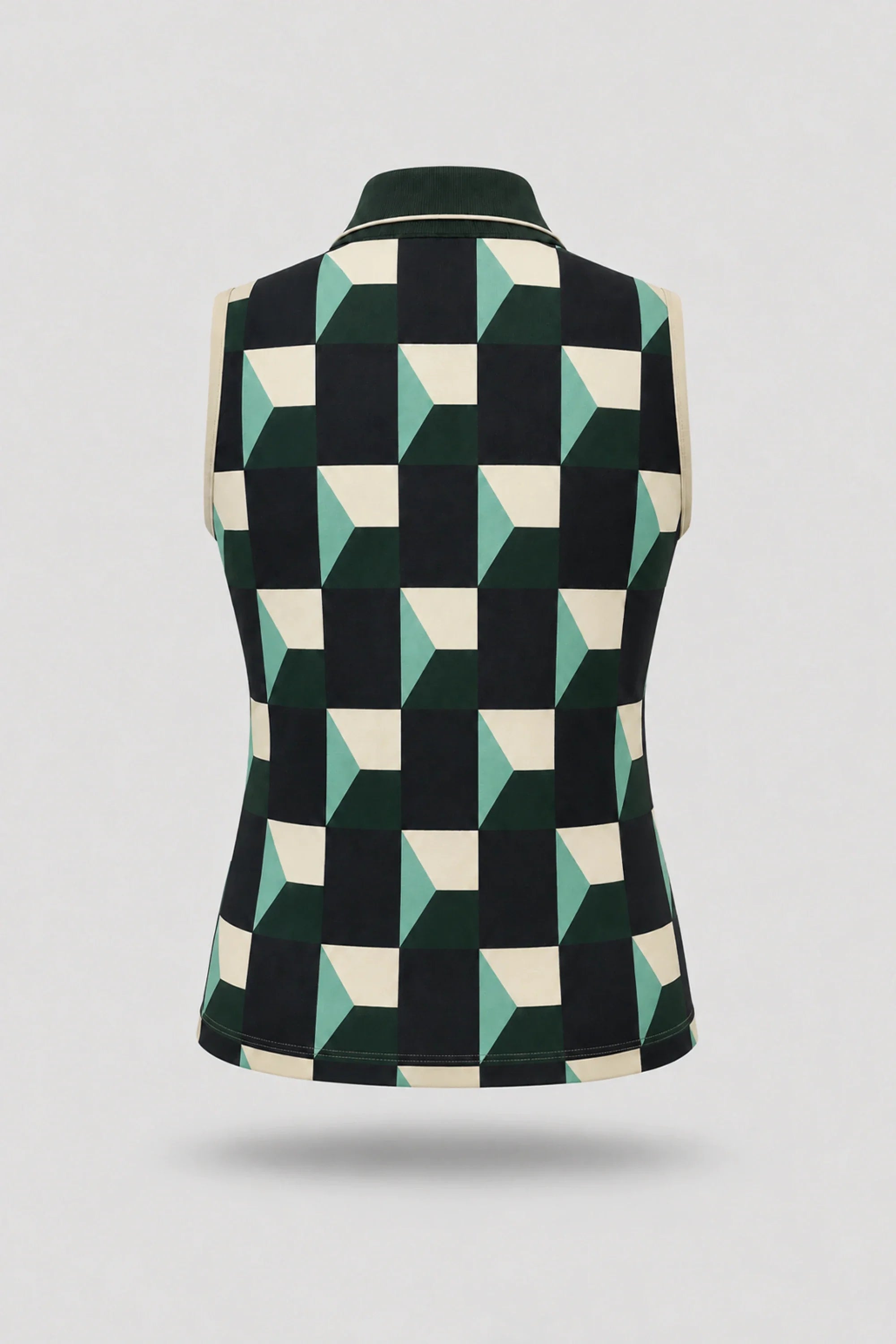 Back view of women's patterned sleeveless golf polo featuring Club Geo design and athletic fit
