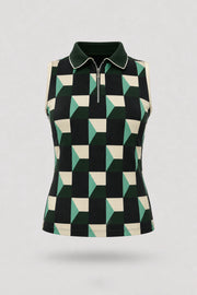 Women's patterned sleeveless golf polo in Club Geo design with zip-neck collar and lightweight stretch fabric
