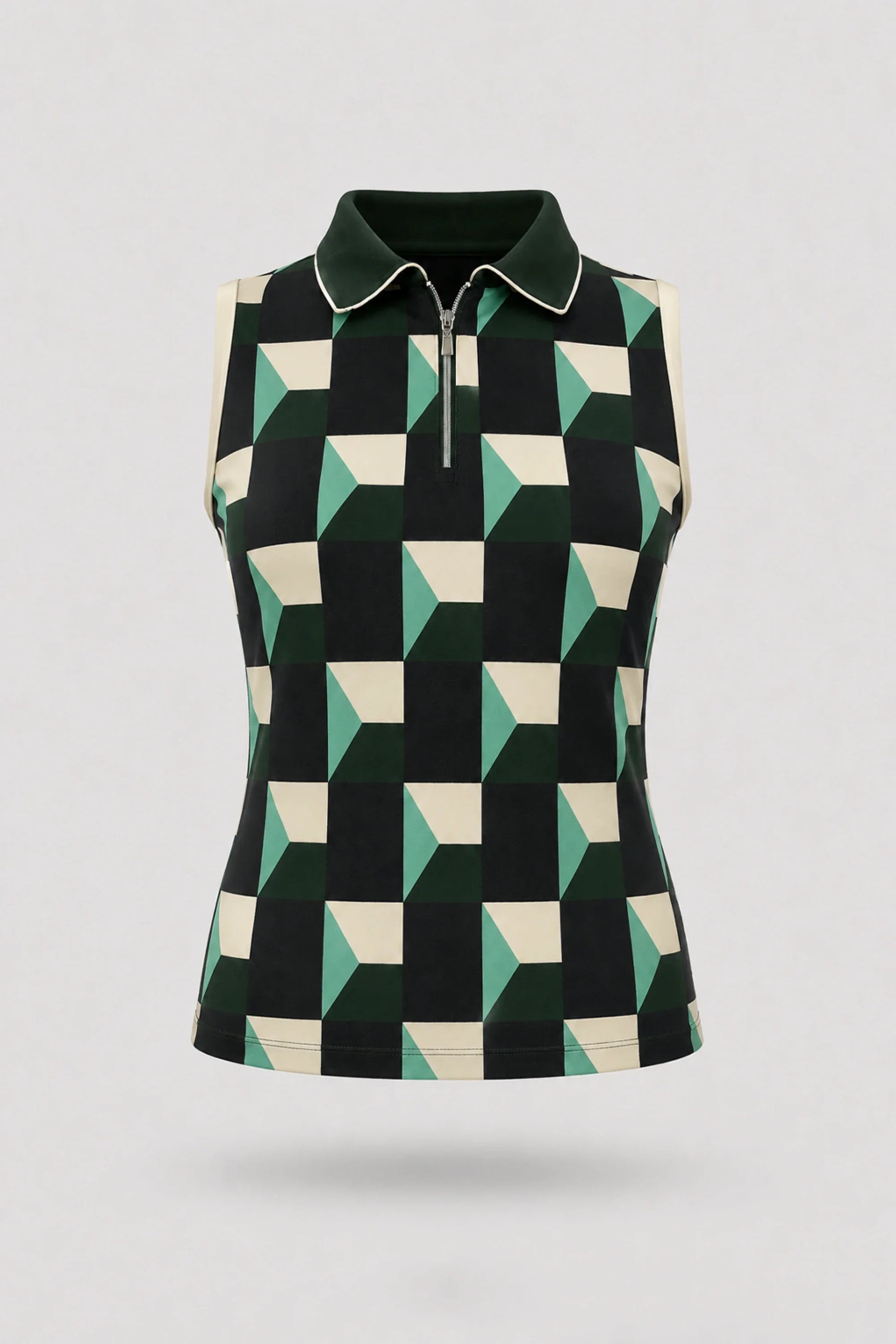 Women's patterned sleeveless golf polo in Club Geo design with zip-neck collar and lightweight stretch fabric