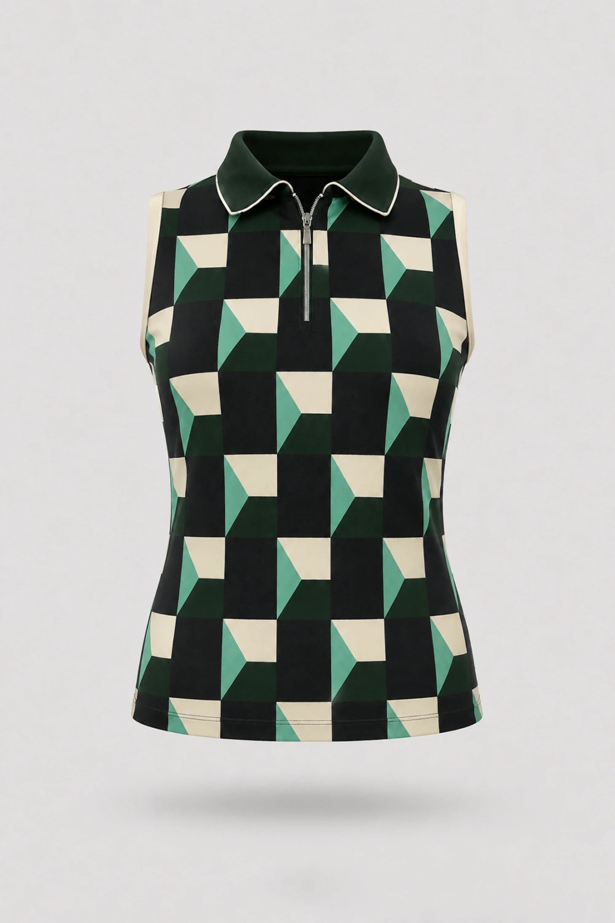 Women's patterned sleeveless golf polo in Club Geo design with zip-neck collar and lightweight stretch fabric