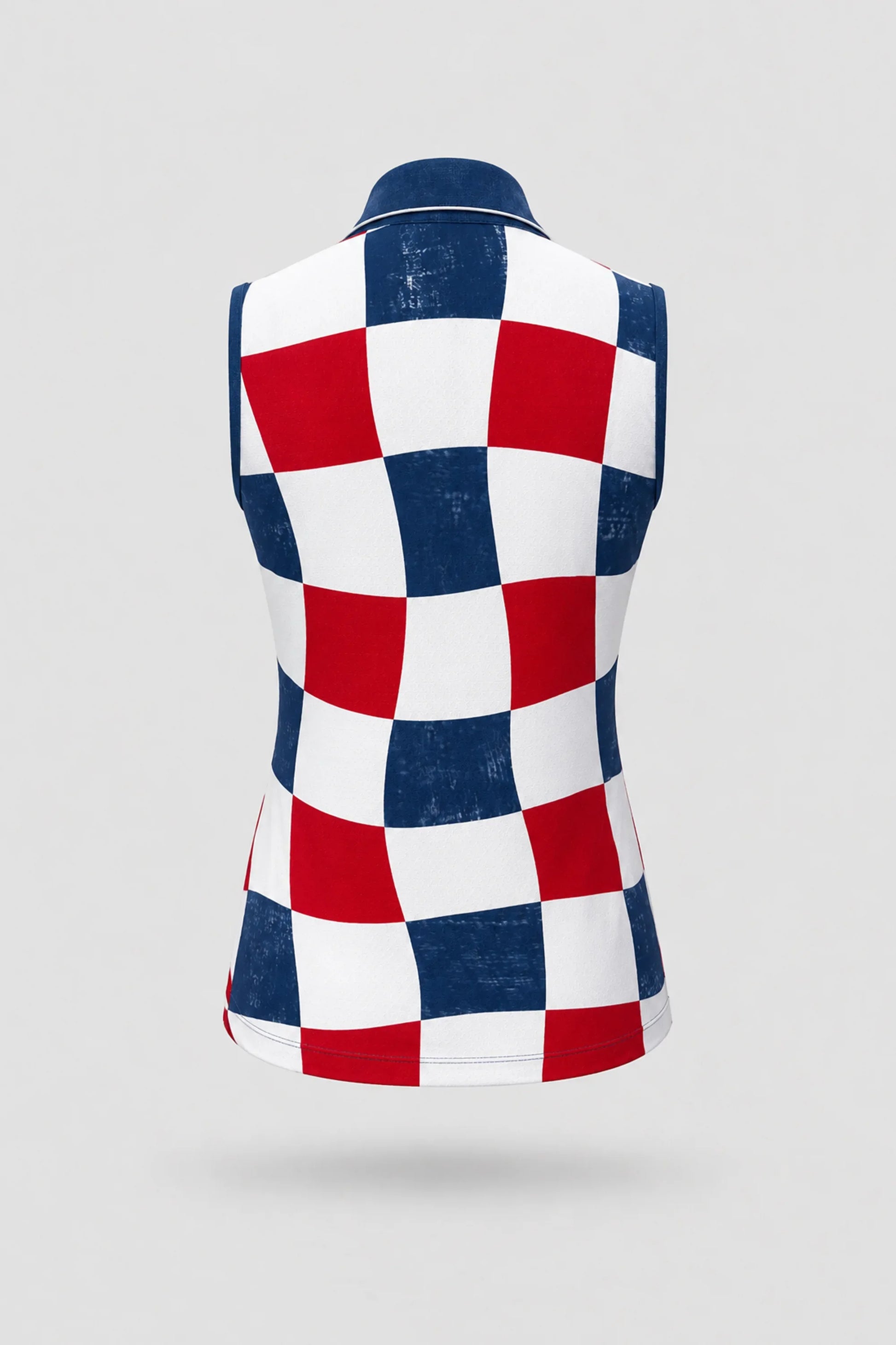 Back view of women's patterned sleeveless golf polo featuring Liberty Check print and athletic fit