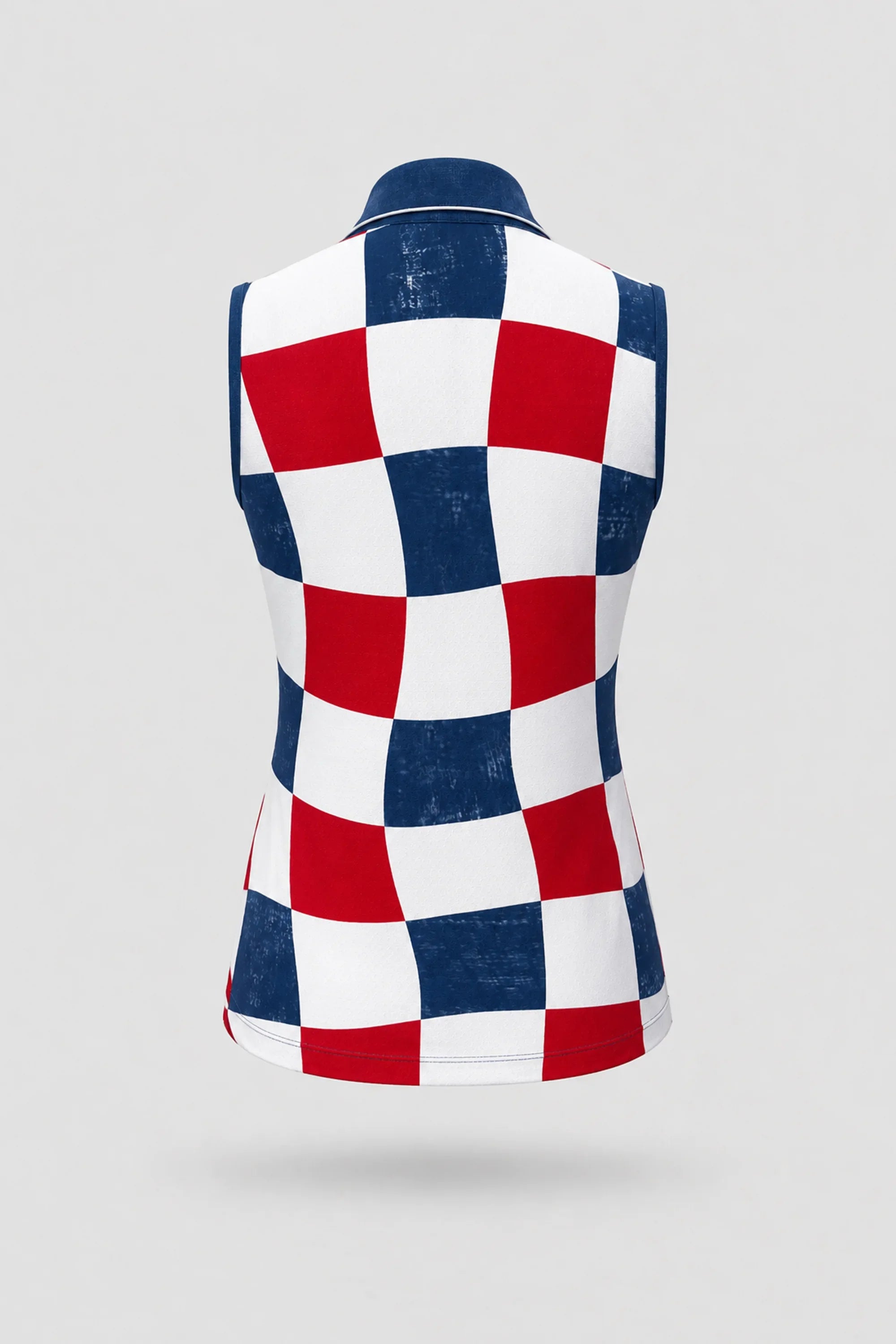 Back view of women's patterned sleeveless golf polo featuring Liberty Check print and athletic fit