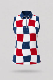 Women's patterned sleeveless golf polo in Liberty Check print with zip-neck collar and lightweight stretch fabric