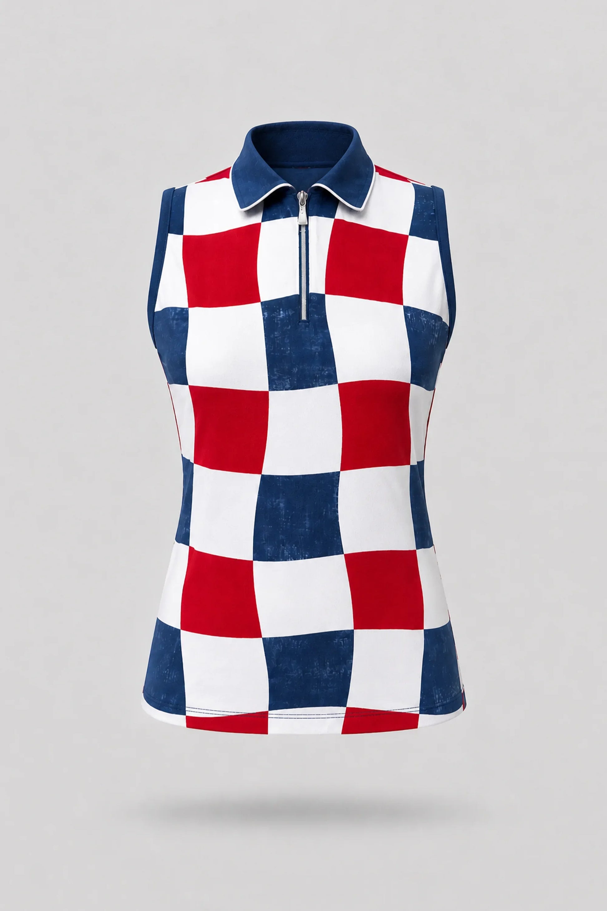 Women's patterned sleeveless golf polo in Liberty Check print with zip-neck collar and lightweight stretch fabric