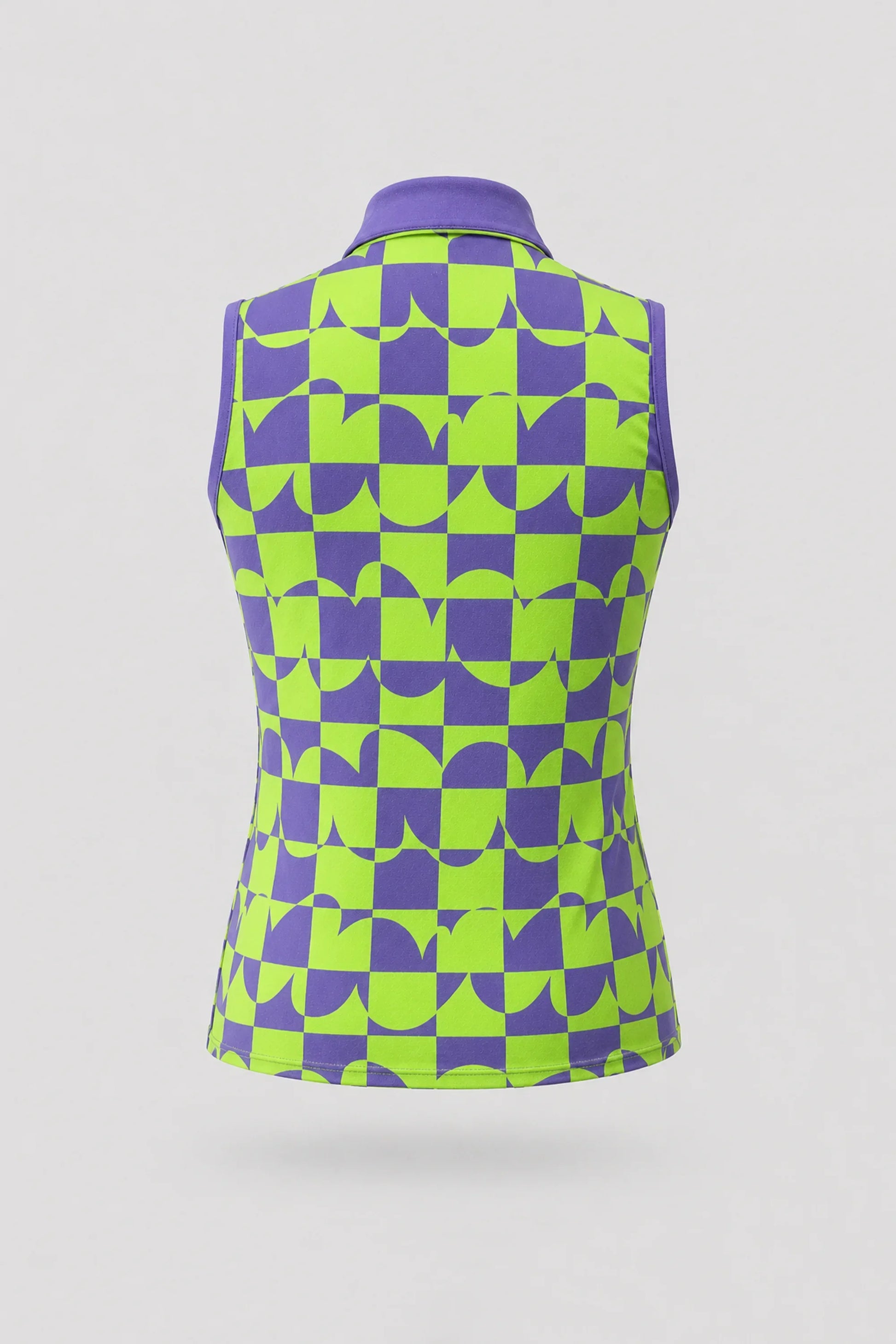 Back view of women's sleeveless patterned golf polo featuring Paradox Geo design and stretch performance fabric