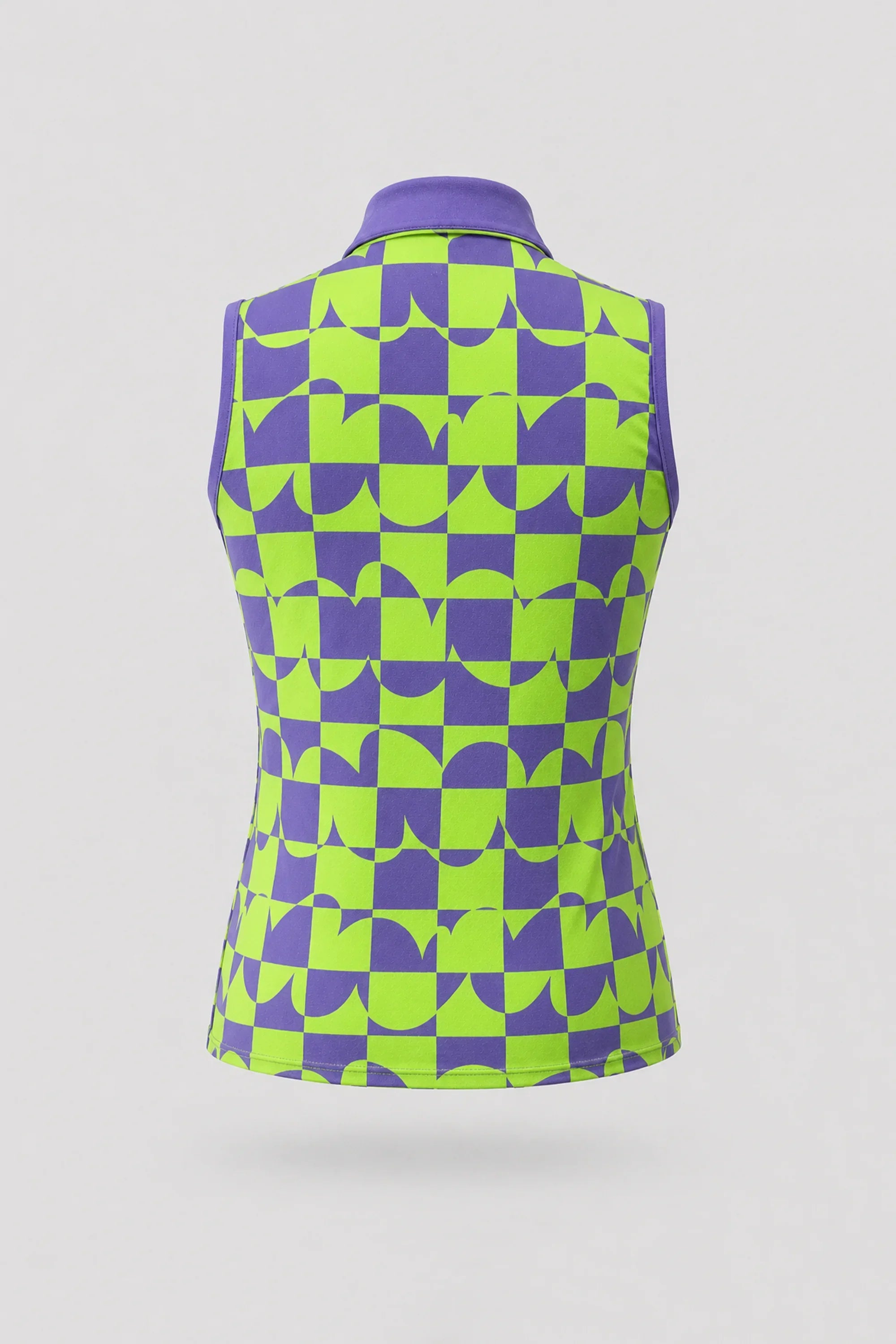 Back view of women's sleeveless patterned golf polo featuring Paradox Geo design and stretch performance fabric