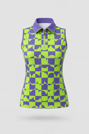 Women's patterned sleeveless golf polo in Paradox Geo design with zip neck collar and athletic fit