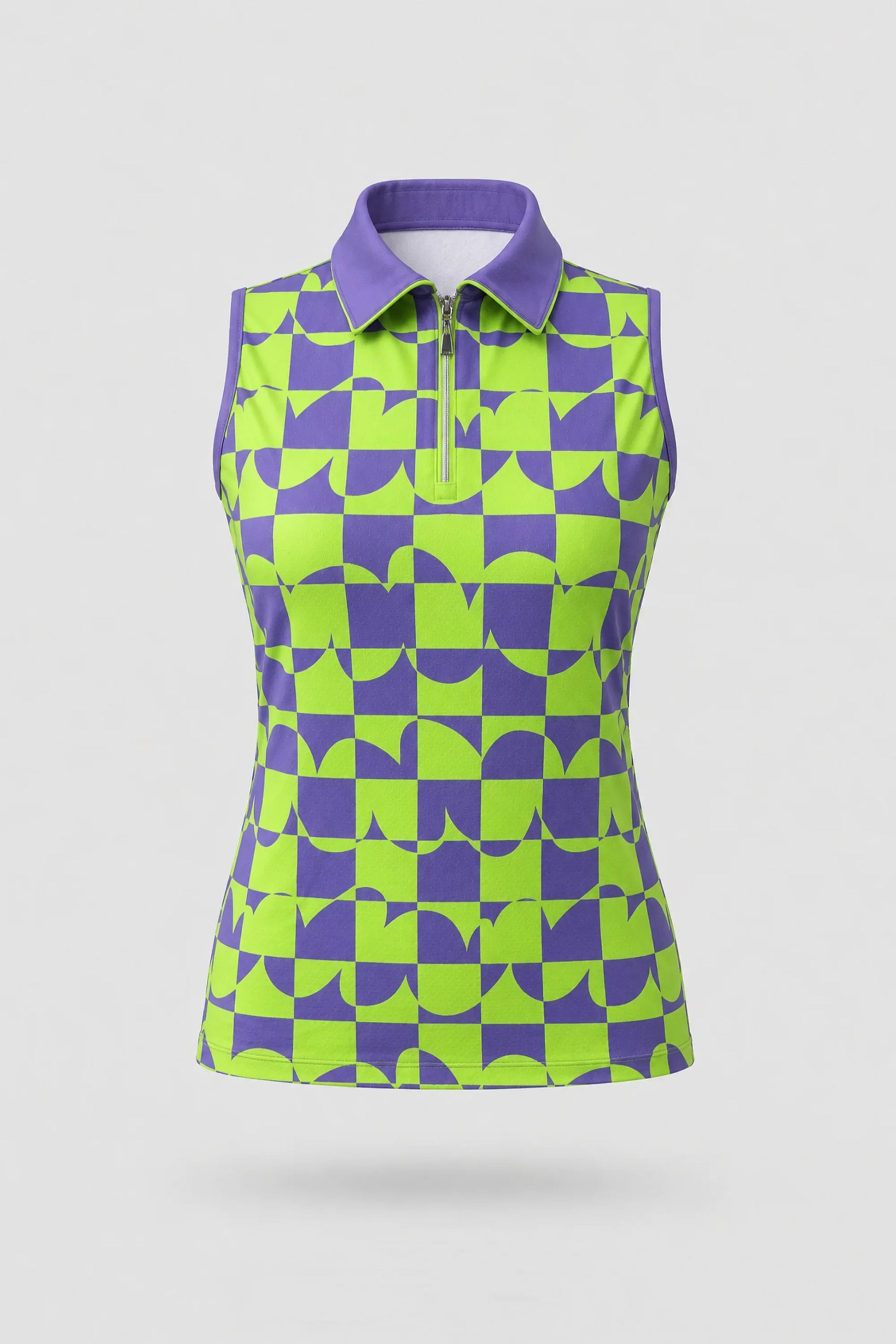 Women's patterned sleeveless golf polo in Paradox Geo design with zip neck collar and athletic fit