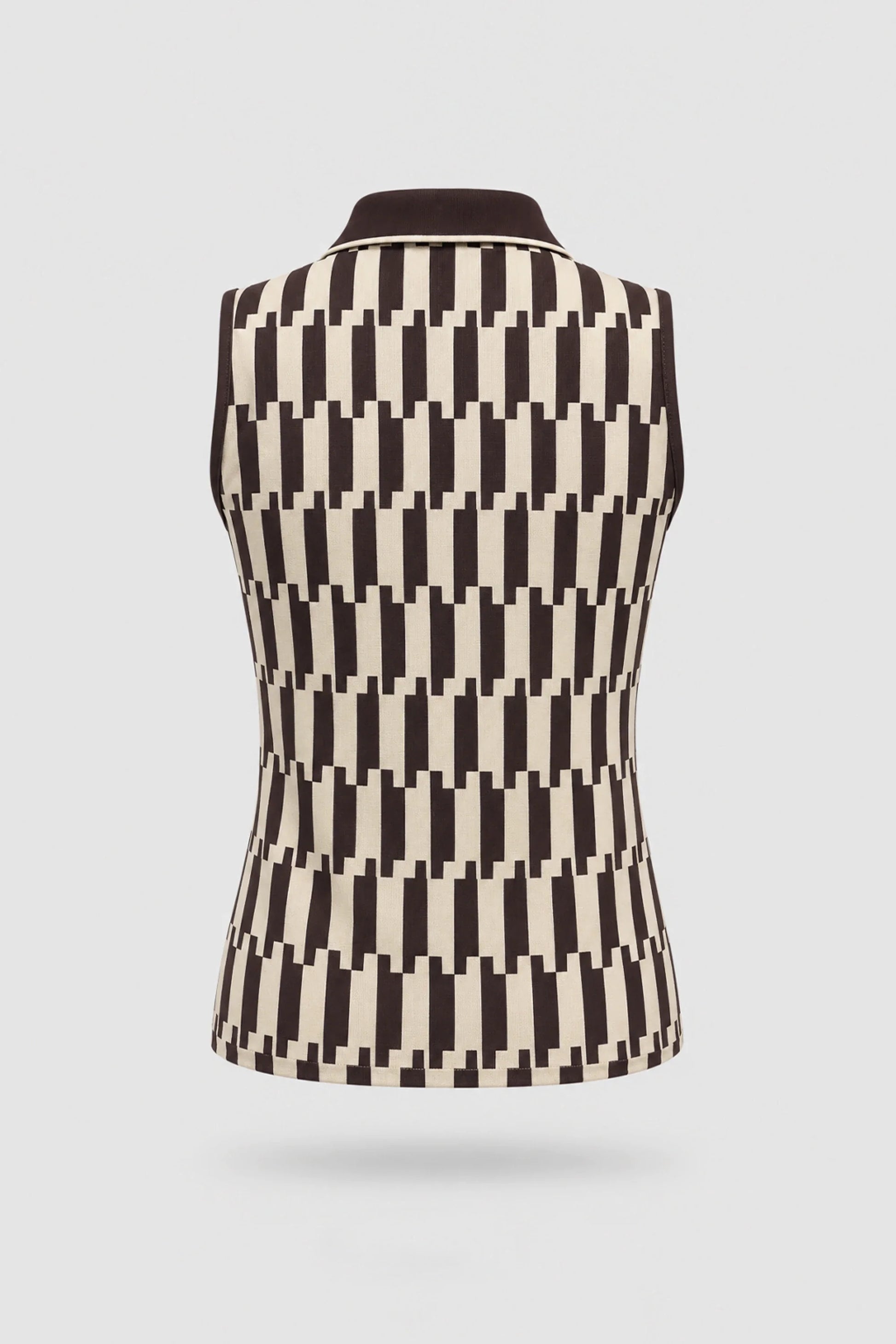 Back view of women's patterned sleeveless golf polo featuring Verona Print design and athletic fit