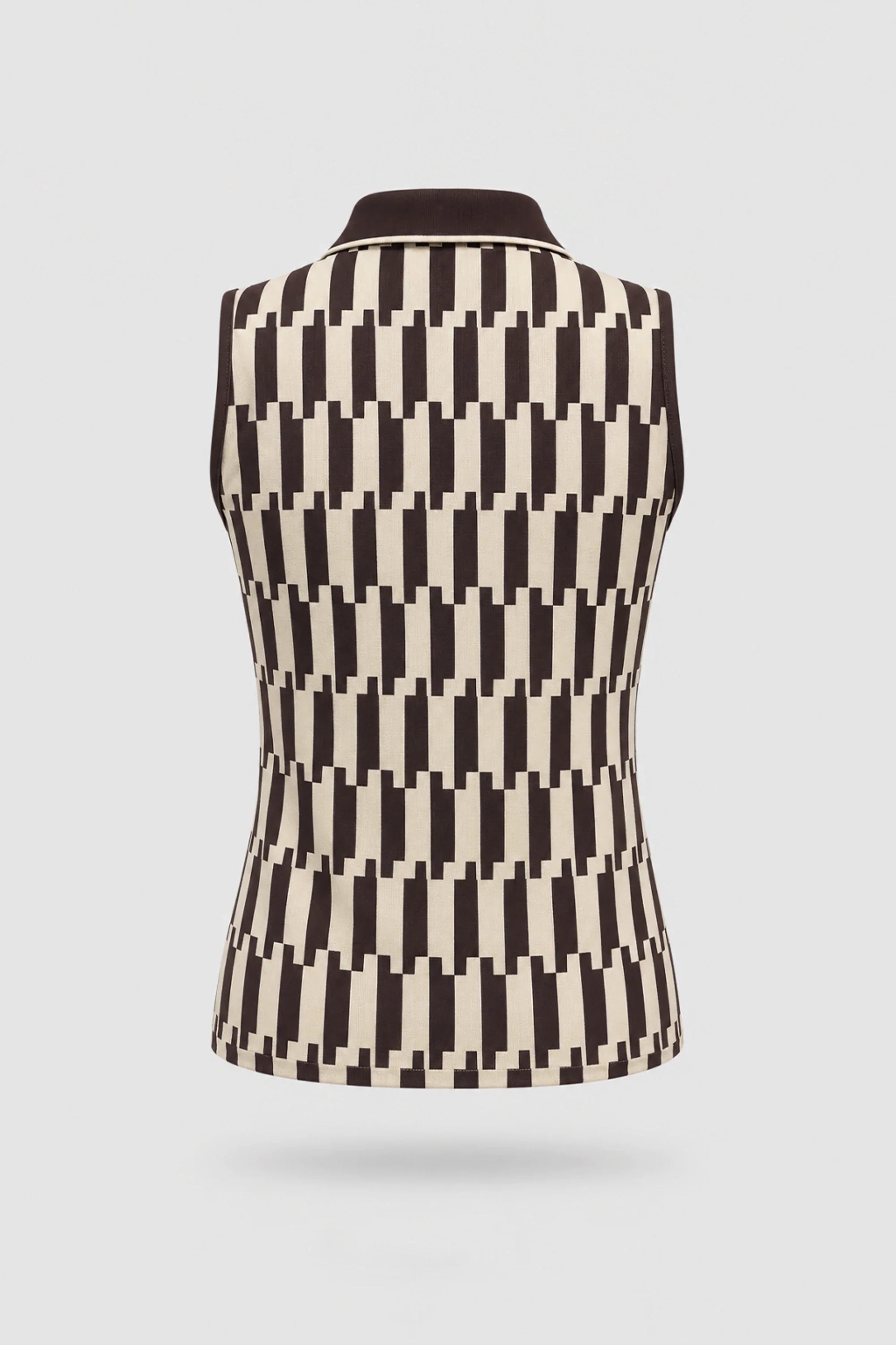 Back view of women's patterned sleeveless golf polo featuring Verona Print design and athletic fit