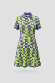 Women's patterned golf dress in Paradox Geo design with zip front collar and contoured shaping seams