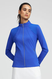 Front view of women’s Cobalt Bloom peplum mesh-panel zip golf jacket