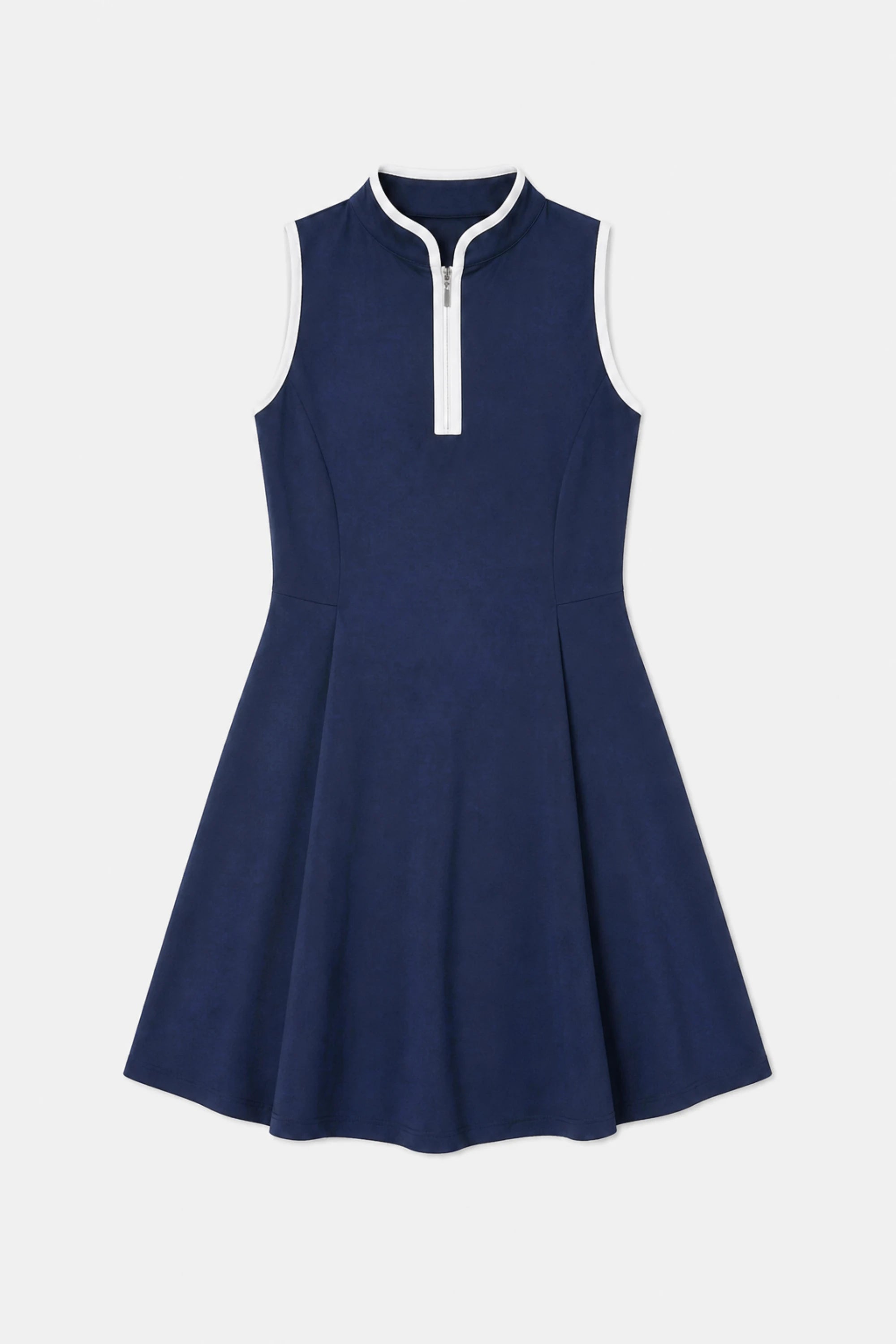 Women’s sleeveless golf dress in Midnight Navy with clean A-line silhouette and white trim zip neckline
