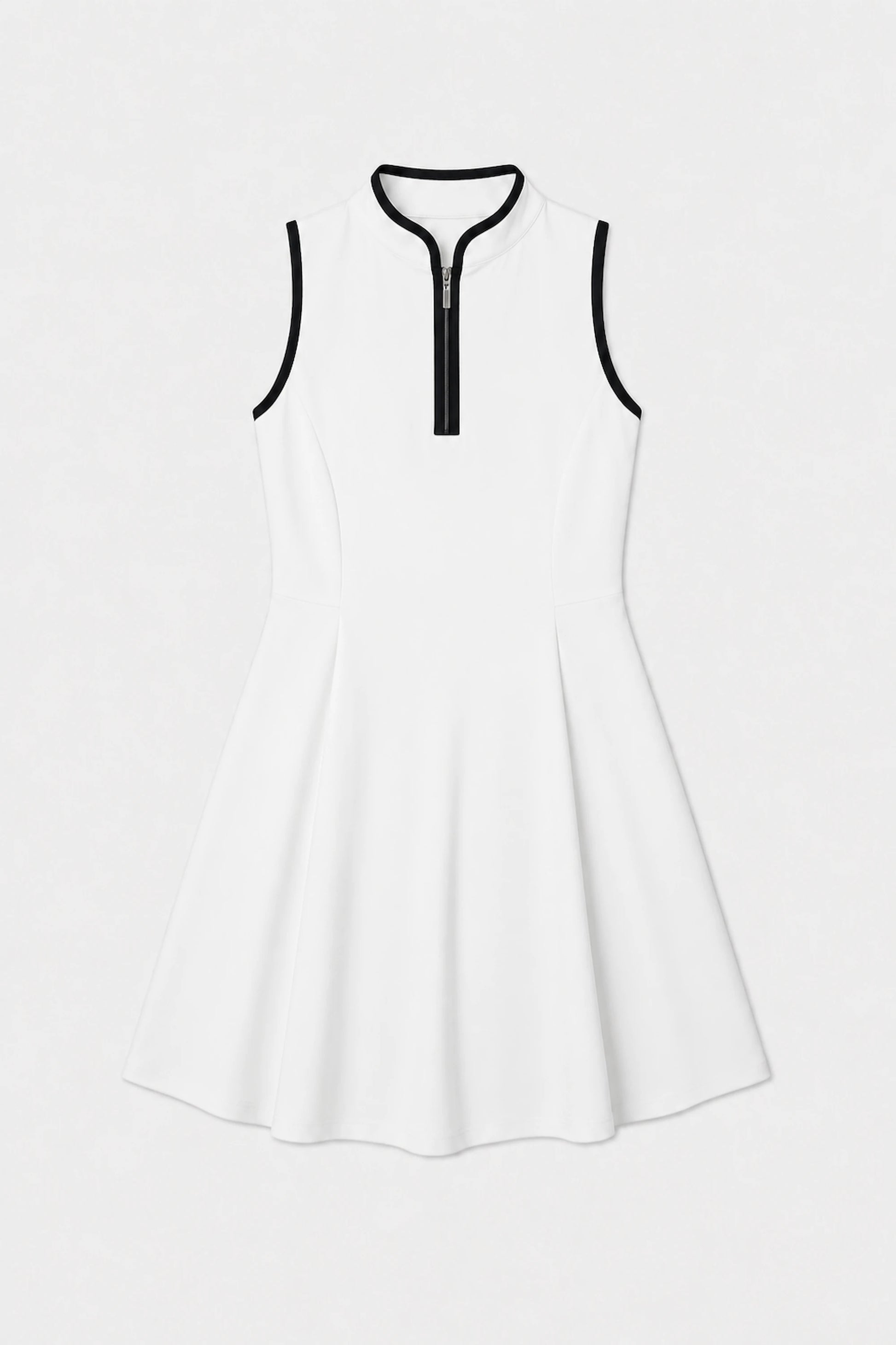Women’s white performance golf dress with sleeveless silhouette and black zip neckline detail