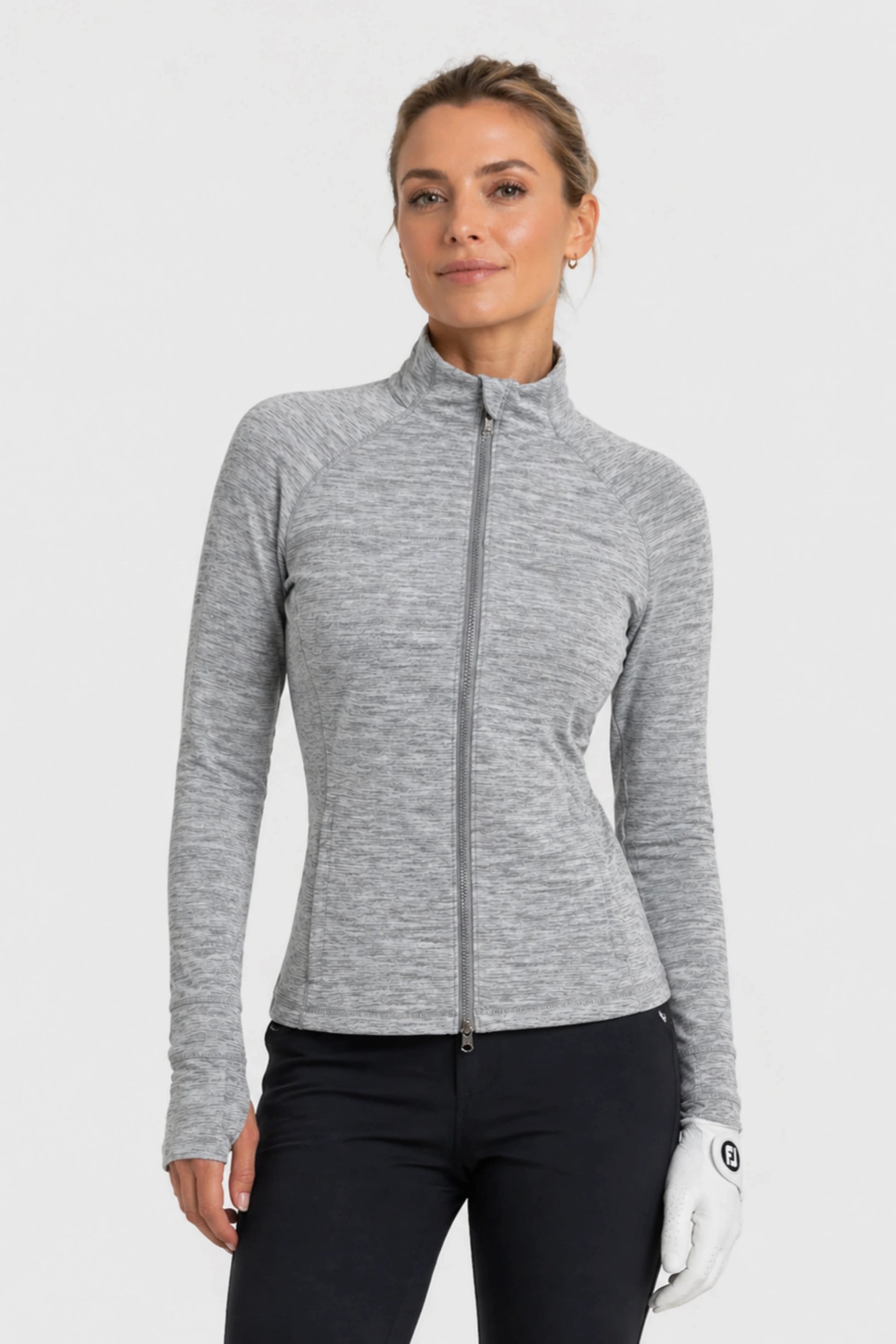 Women’s heather grey performance golf zip jacket with fitted silhouette and lightweight stretch fabric