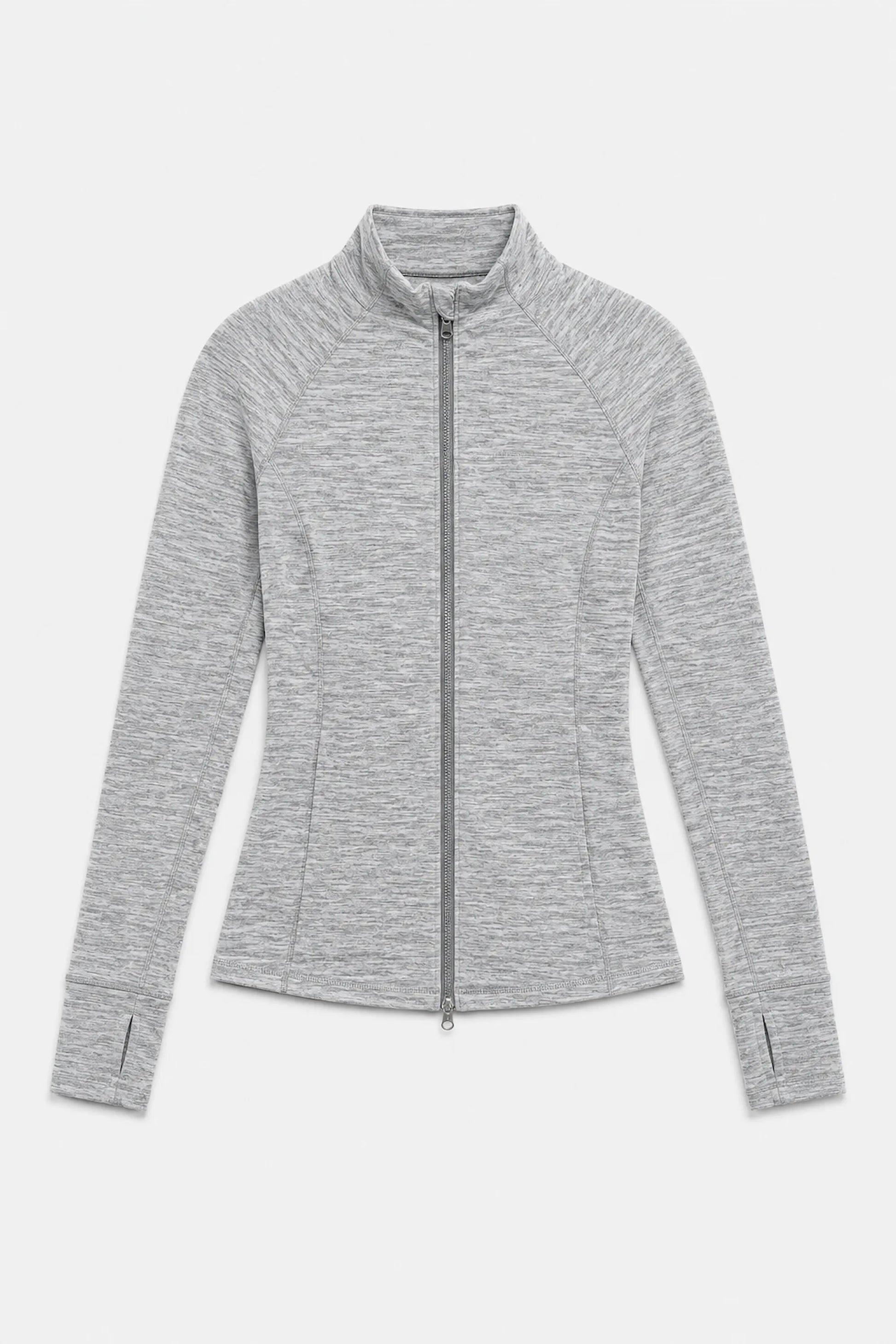 Women’s full zip golf jacket in heather grey with high collar and streamlined athletic fit