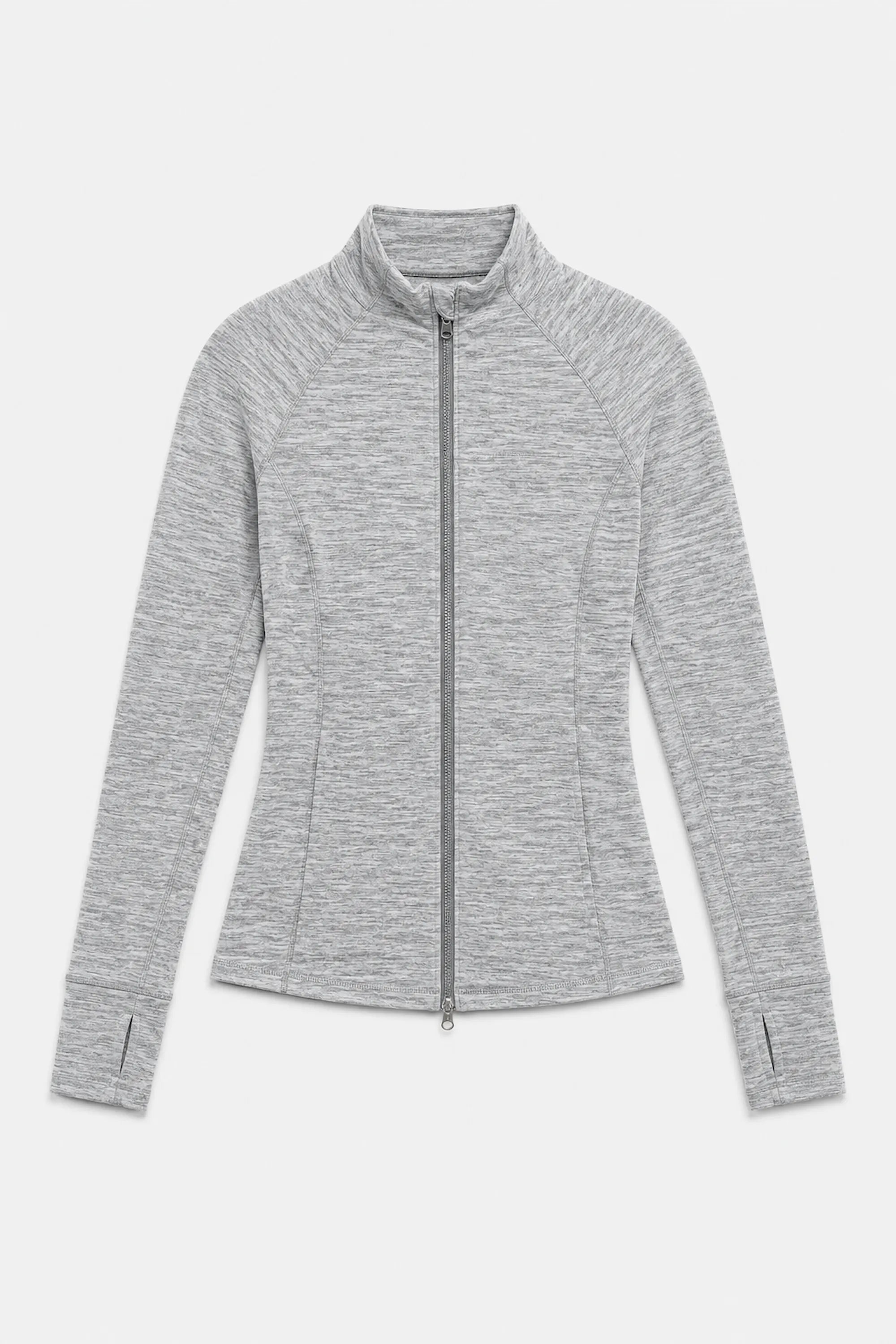 Women’s full zip golf jacket in heather grey with high collar and streamlined athletic fit