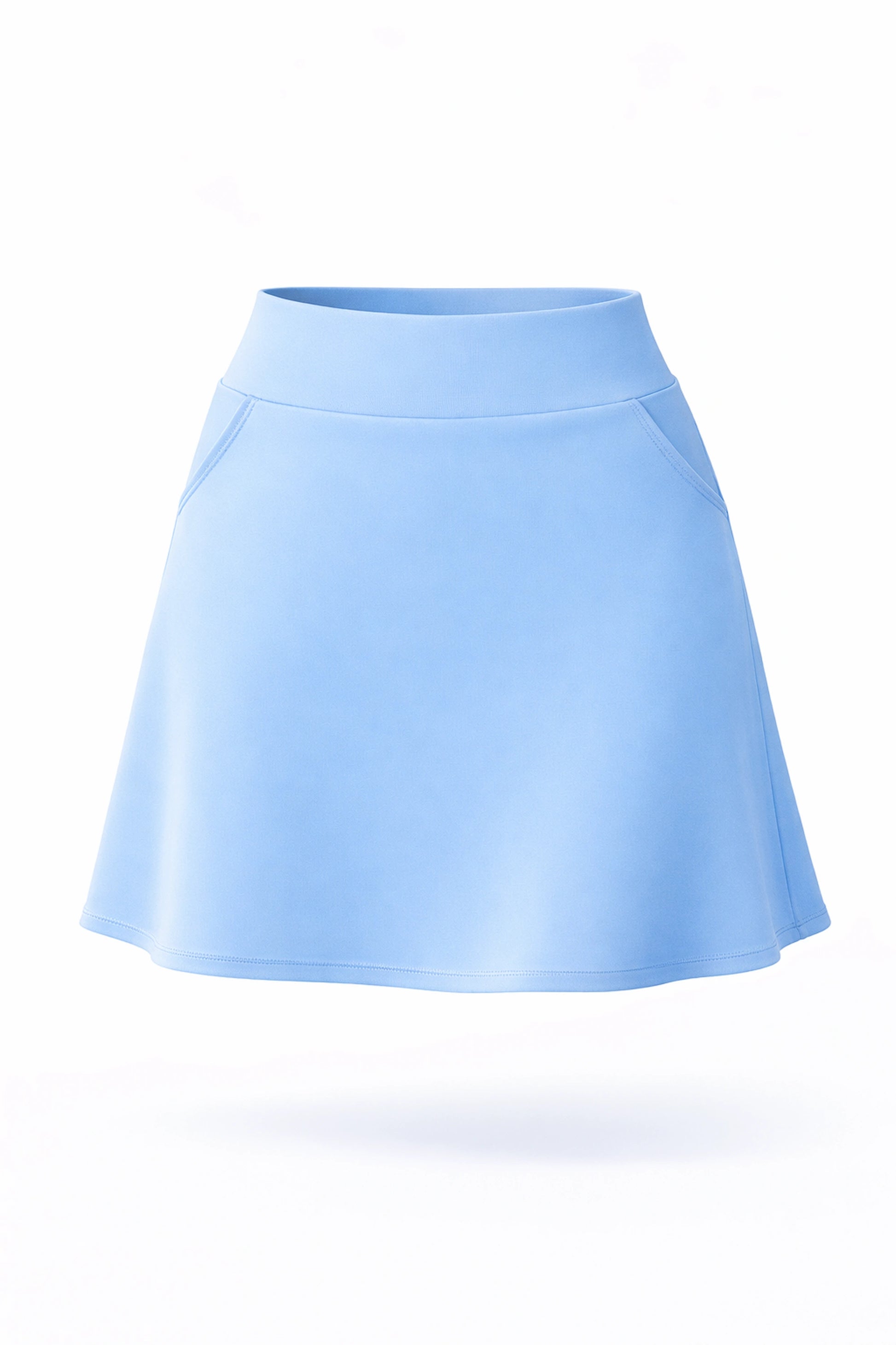 Front view of women’s periwinkle blue A-line UPF 50+ golf skort with pockets