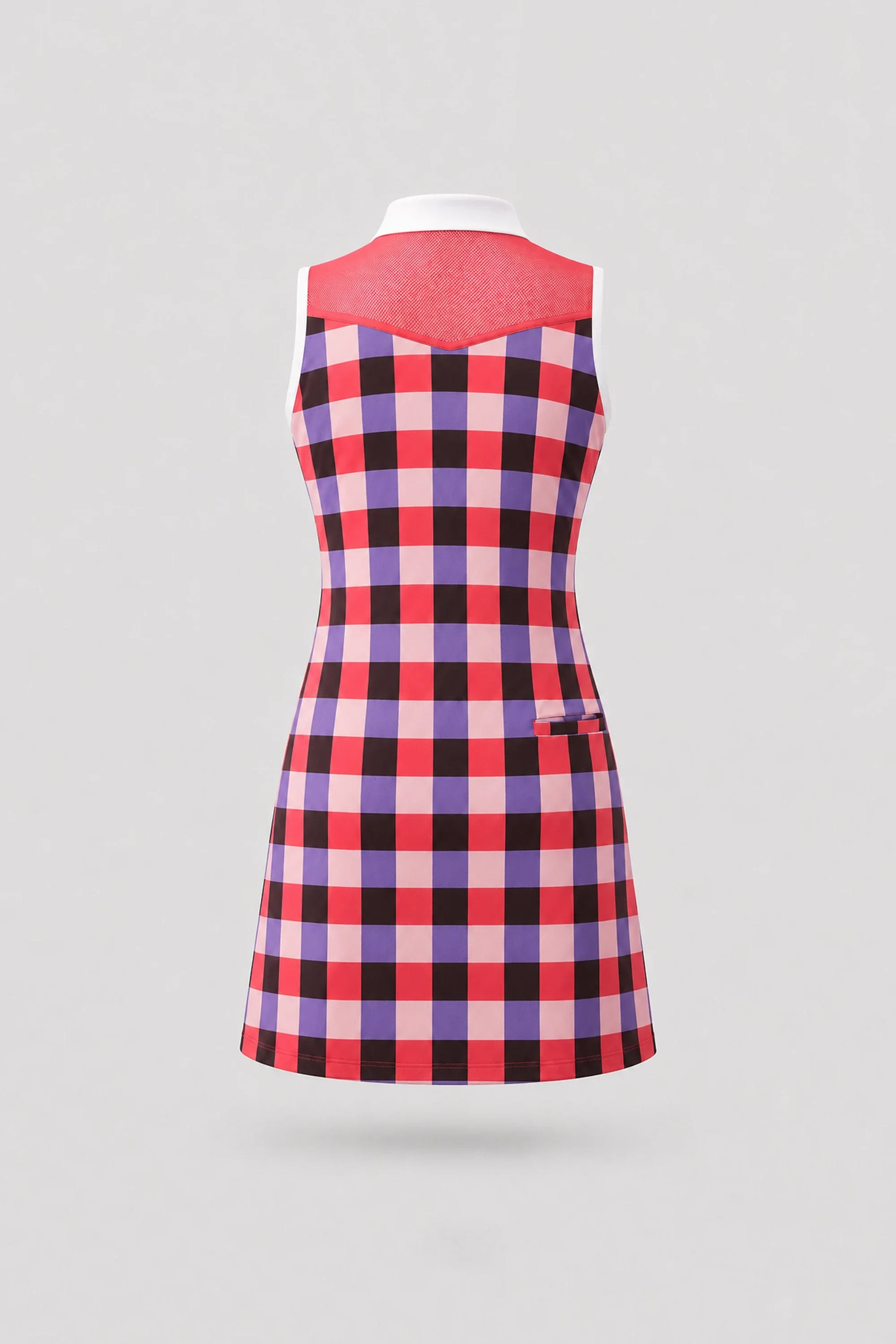 Back view of women's sleeveless plaid golf dress with stretch performance fabric and clean athletic design
