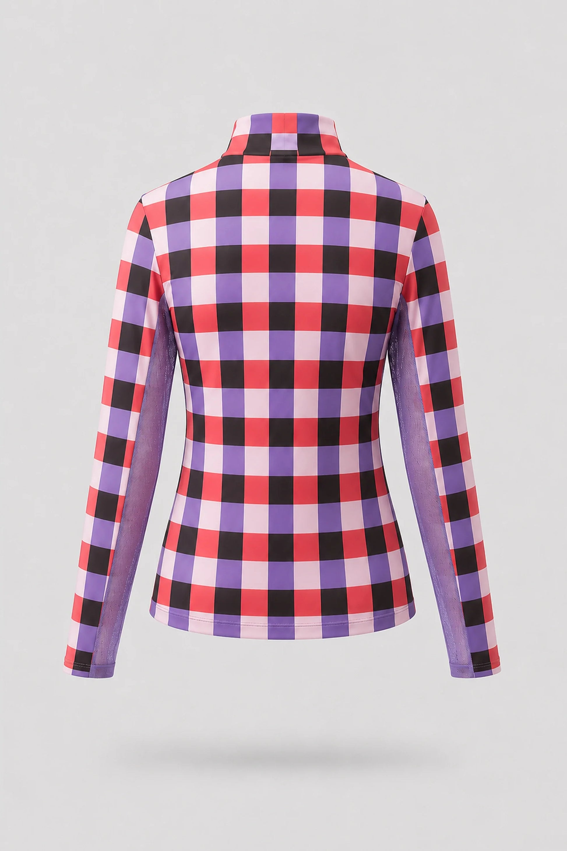 Back view of women's plaid long sleeve golf top with breathable mesh sleeve panels and stretch performance fabric