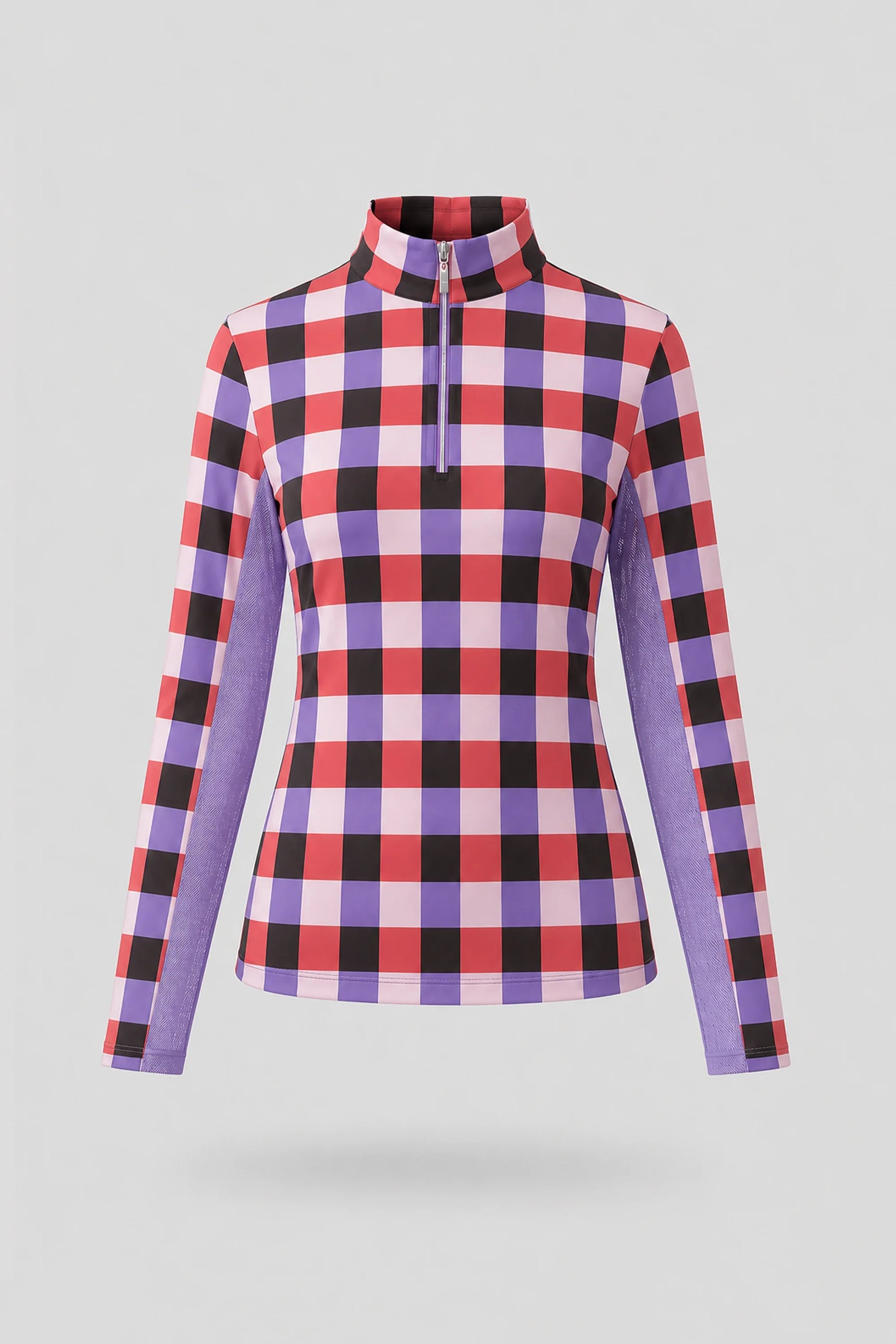Women's plaid long sleeve golf top in Match Plaid design with quarter zip neckline and athletic fit
