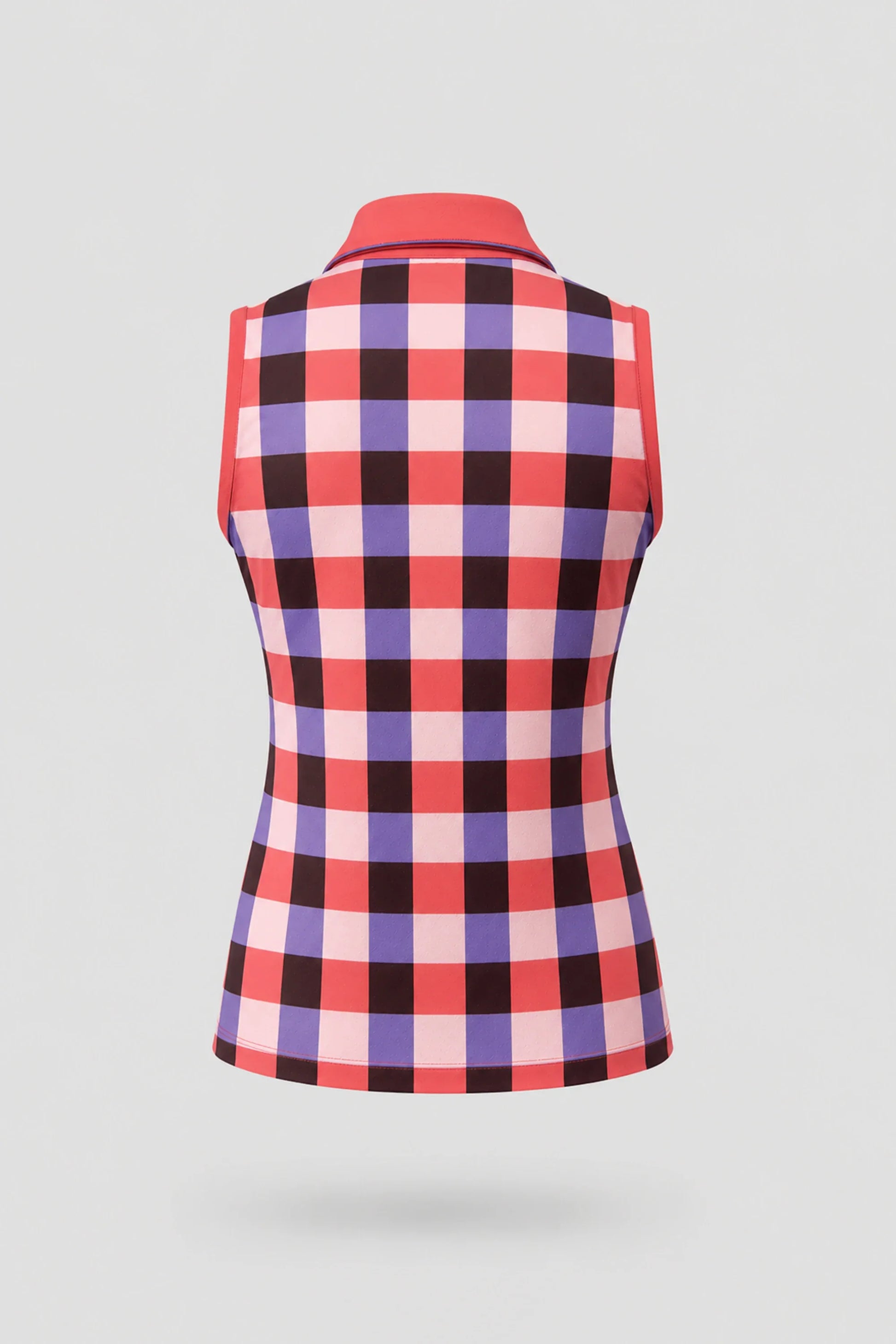 Back view of women's sleeveless plaid golf polo with stretch performance fabric and clean athletic silhouette