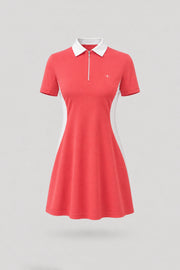 Women's coral red polo golf dress with zip front collar and contour shaping seams