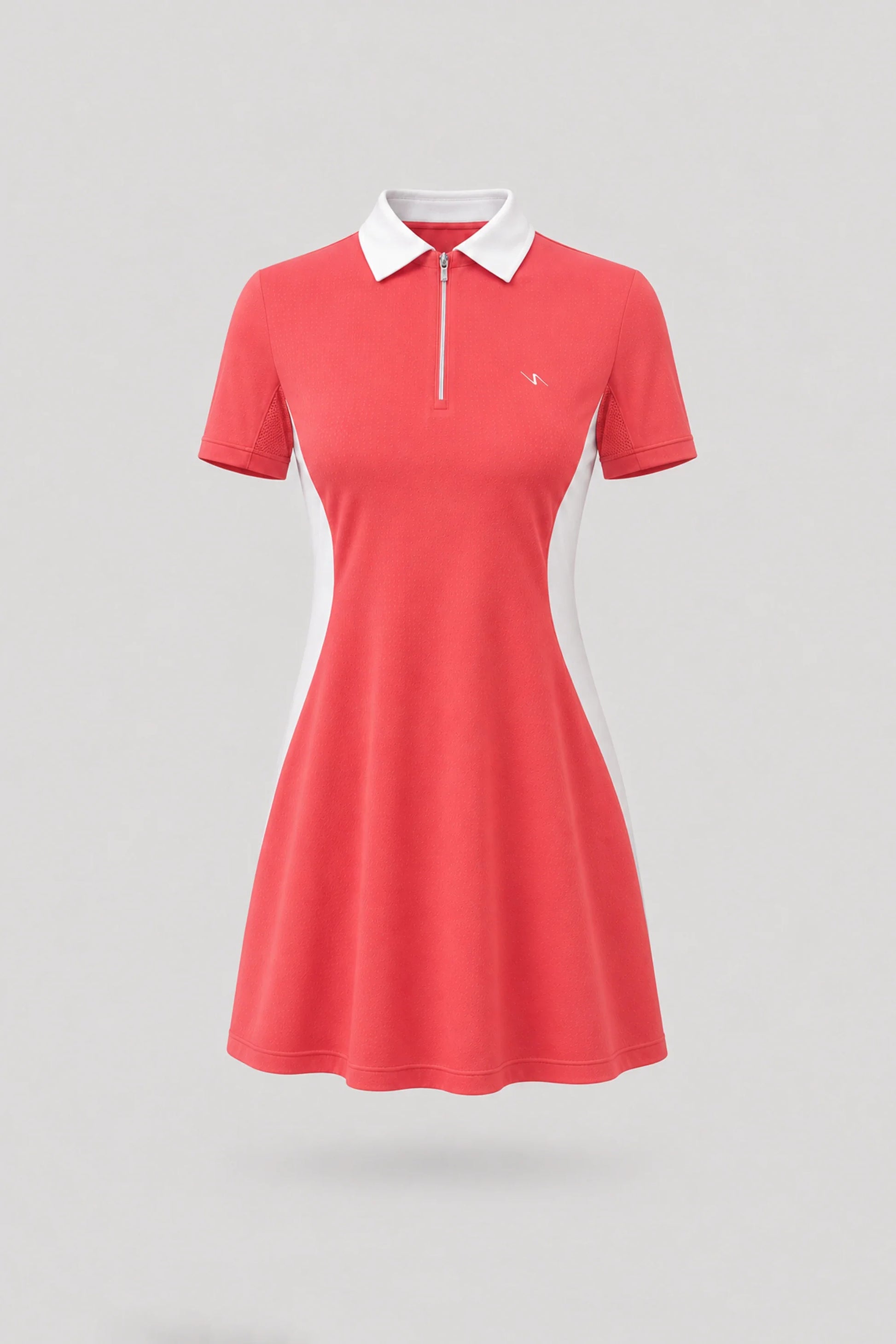 Women's coral red polo golf dress with zip front collar and contour shaping seams