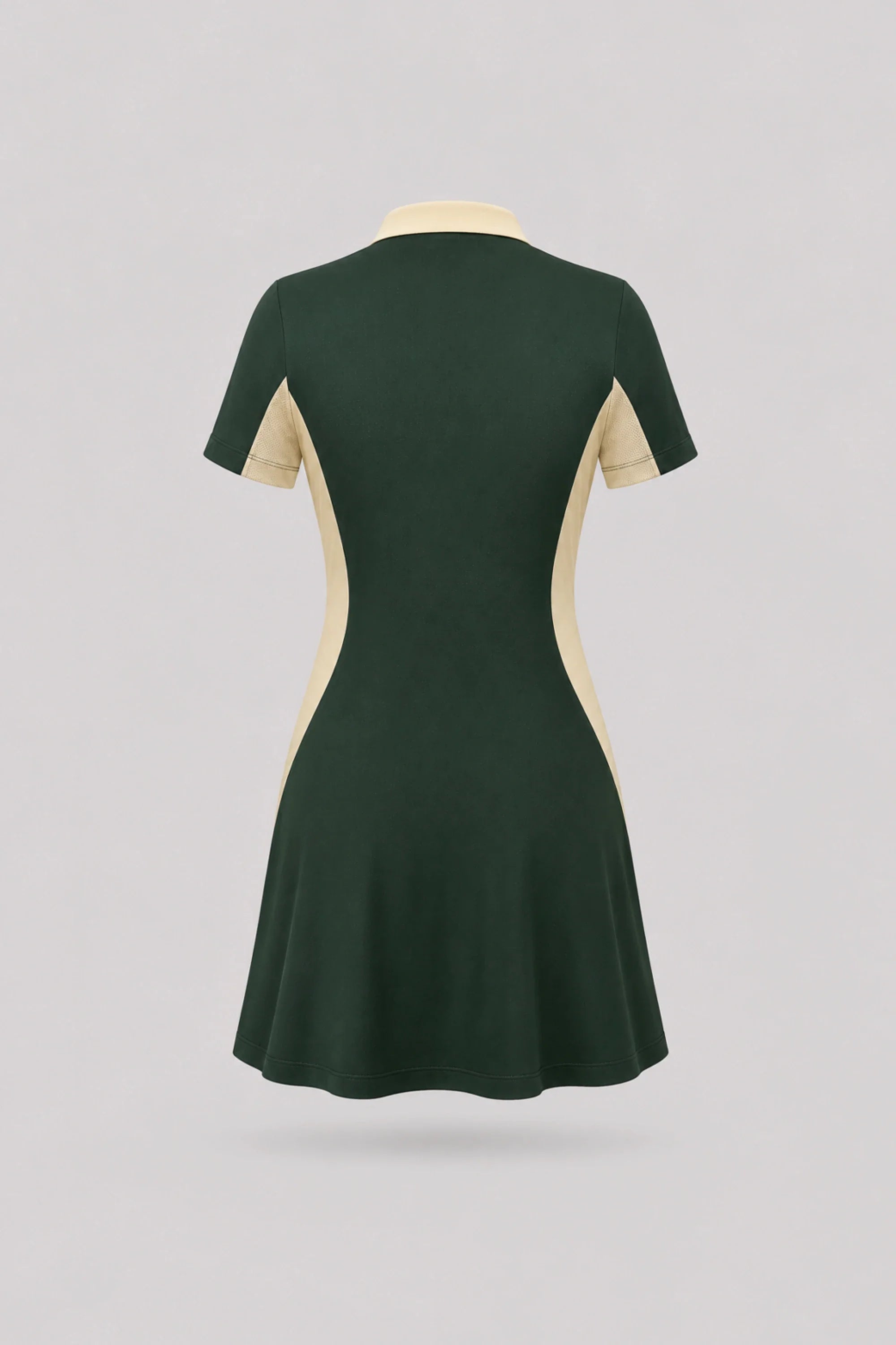 Back view of women's Evergreen polo golf dress with breathable mesh sleeve panels and stretch performance fabric