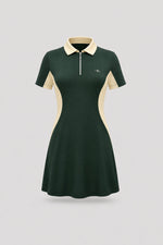 Women's Evergreen polo golf dress with zip-front collar, contoured shaping seams, and breathable mesh sleeve panels