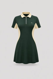 Women's Evergreen polo golf dress with zip-front collar, contoured shaping seams, and breathable mesh sleeve panels