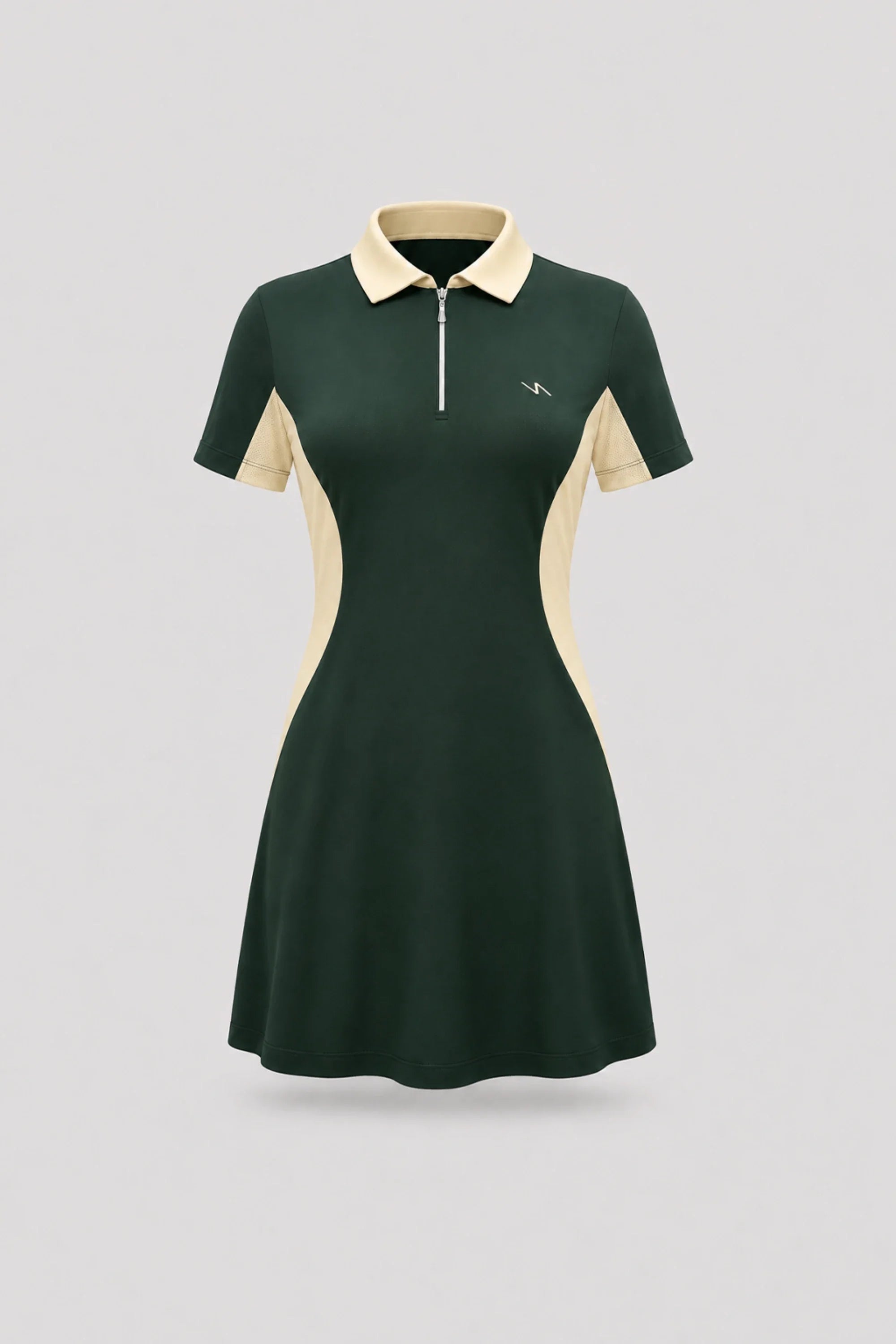 Women's Evergreen polo golf dress with zip-front collar, contoured shaping seams, and breathable mesh sleeve panels