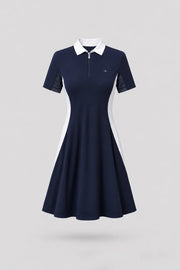 Women's midnight navy polo golf dress with zip front collar and contoured seam construction