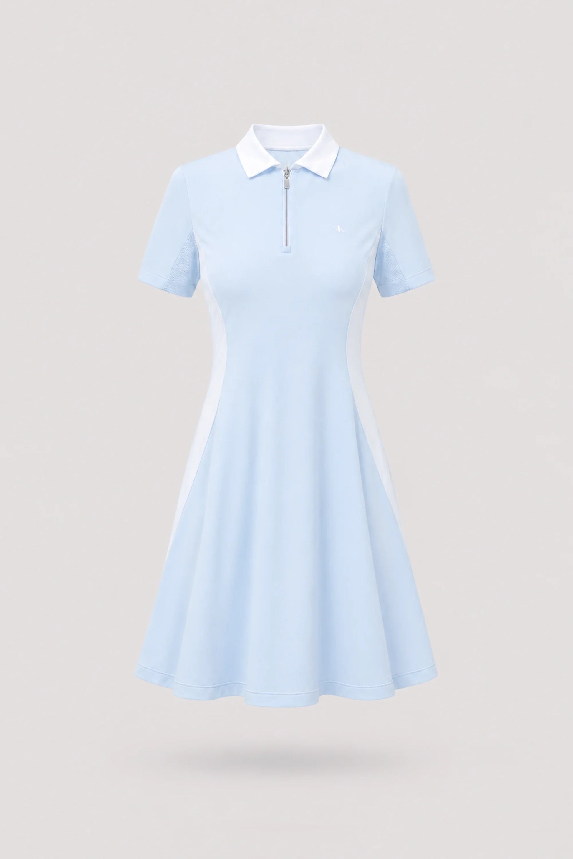 Women's light blue polo golf dress with zip front collar and contour seam detailing