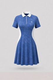 Women's vintage blue polo golf dress with zip front collar and contoured seam construction
