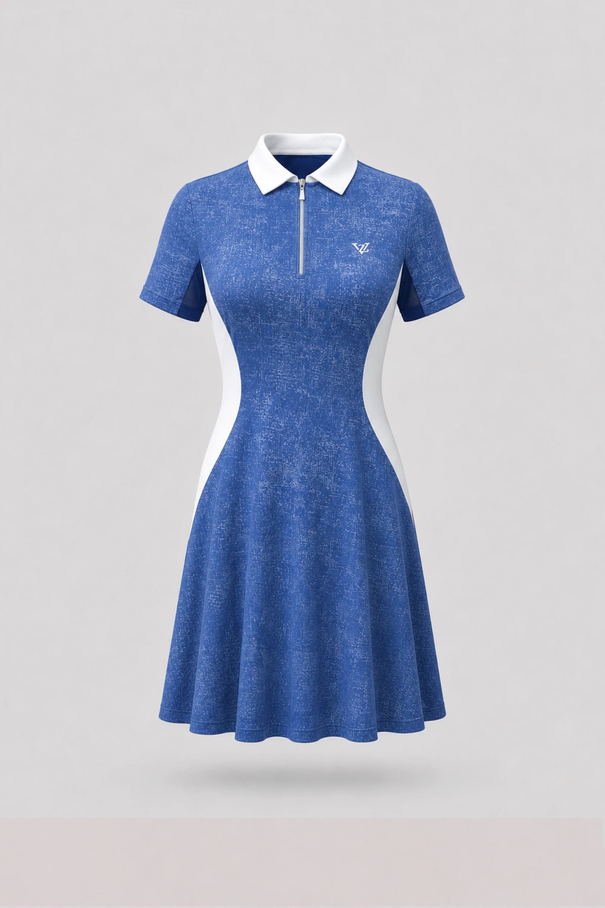 Women's vintage blue polo golf dress with zip front collar and contoured seam construction