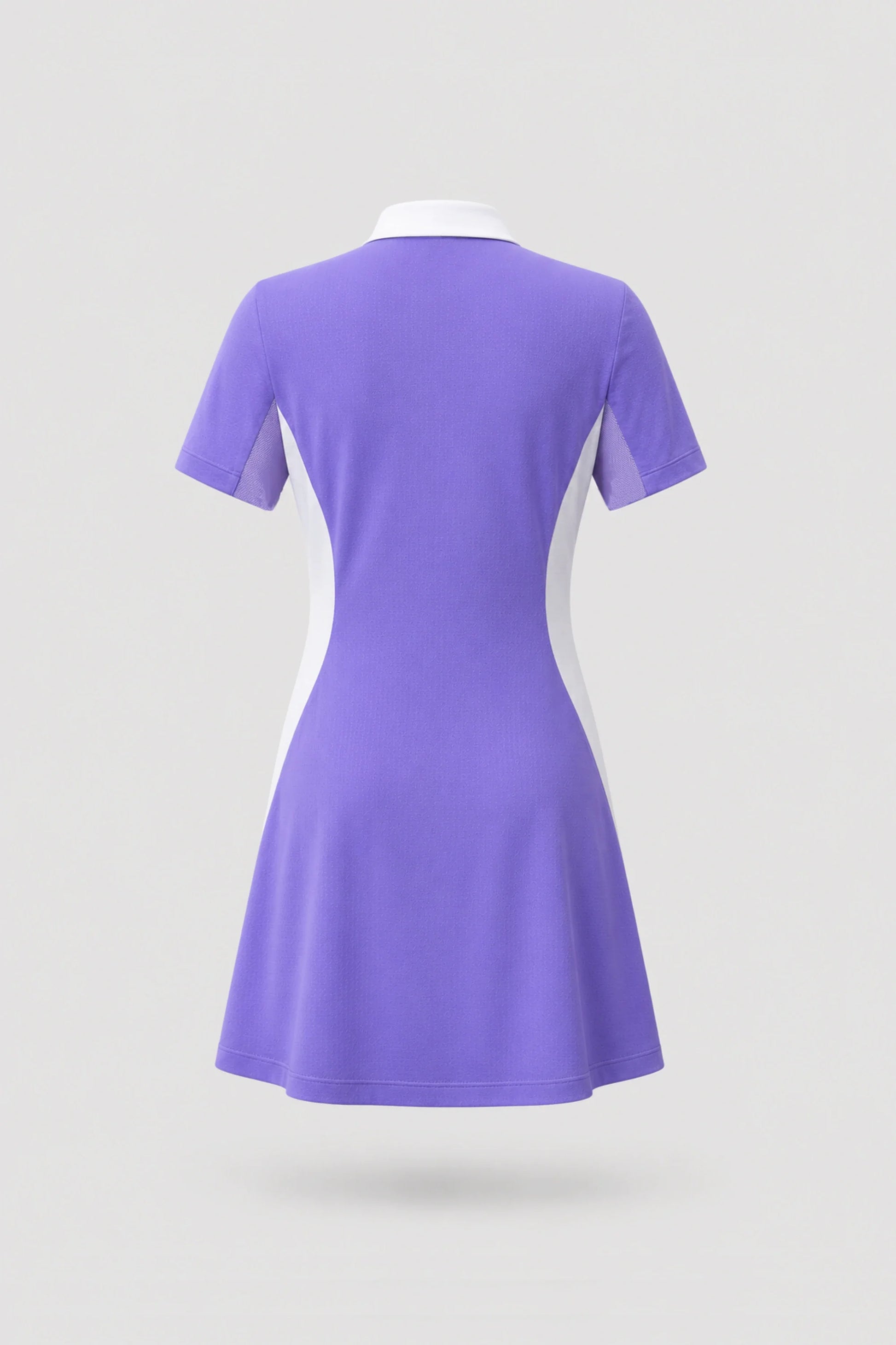 Back view of women's violet polo golf dress with breathable mesh sleeve panels and athletic silhouette