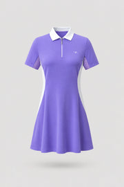 Women's violet polo golf dress with zip front collar and contoured seam construction