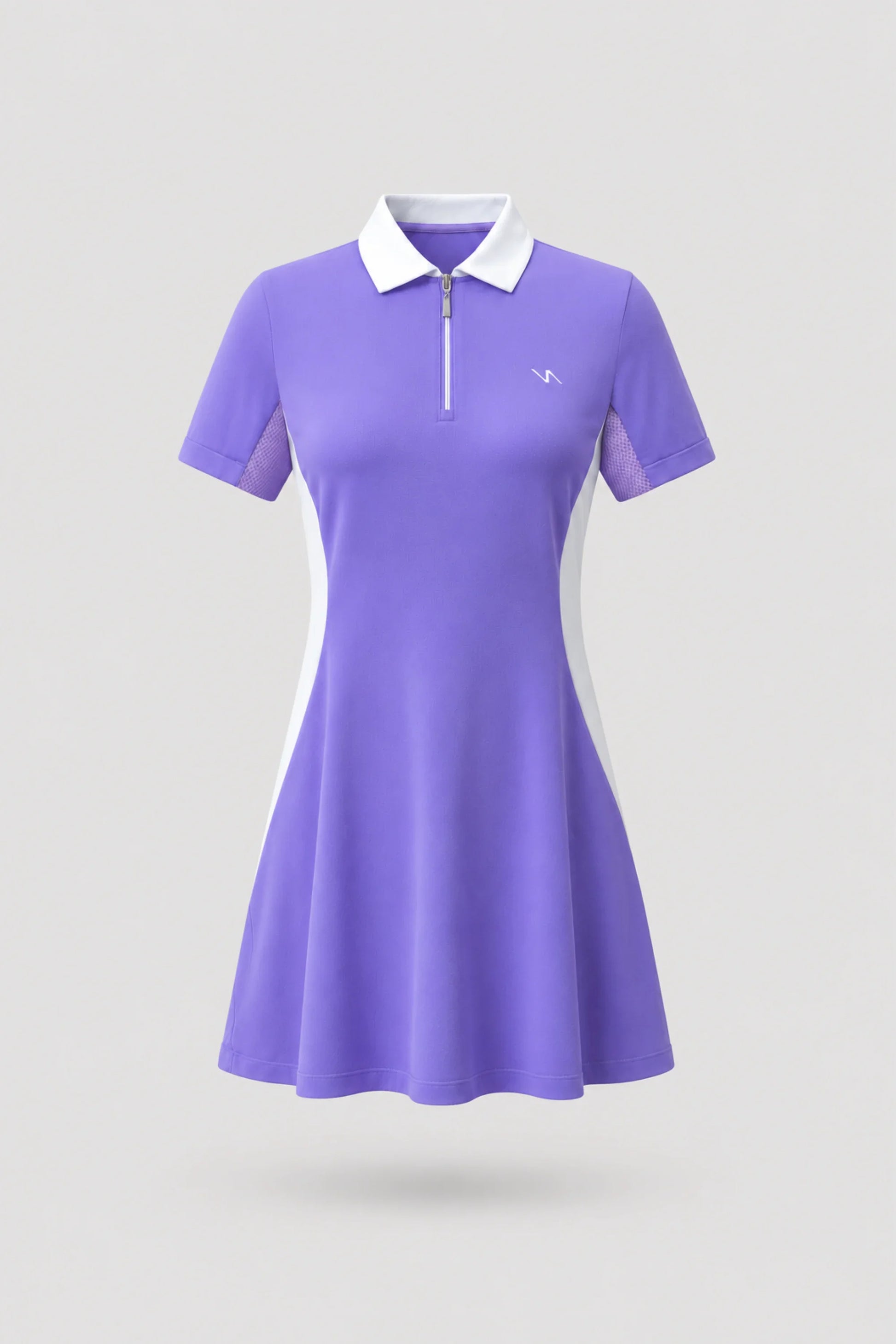 Women's violet polo golf dress with zip front collar and contoured seam construction