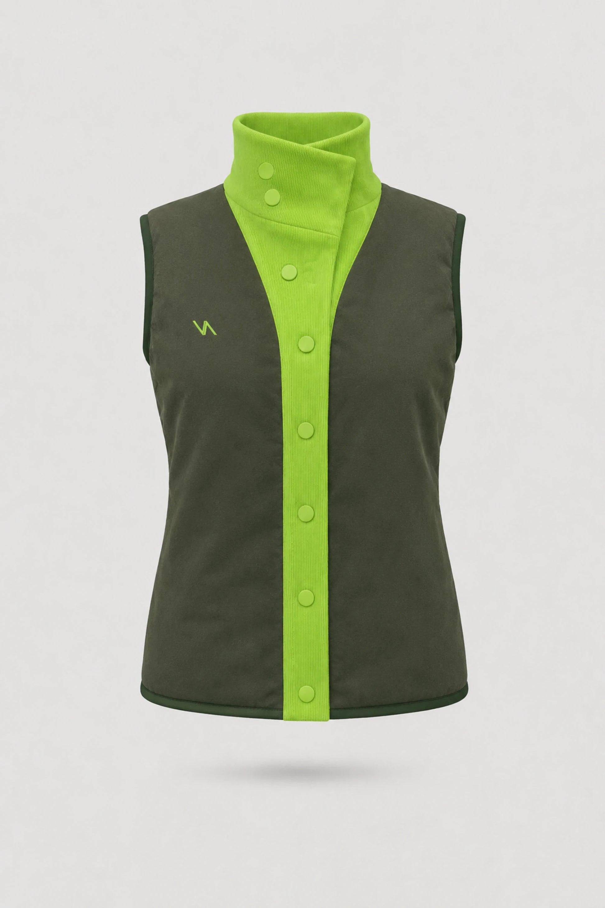 Women's reversible puffer vest with dark green reverse side, contrast rib-knit collar, and lightweight layering design