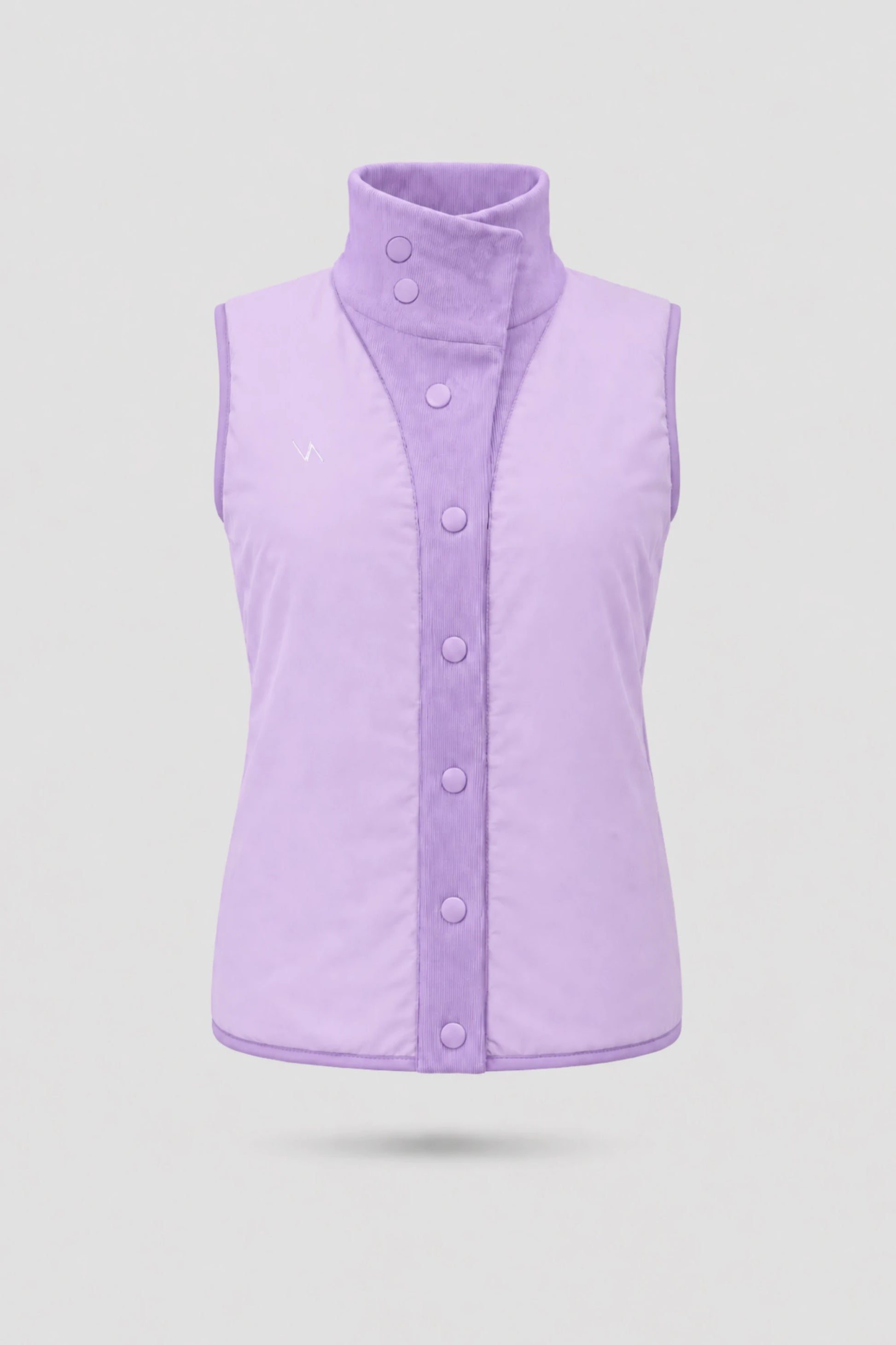 Women's reversible puffer vest in lavender with smooth reverse finish, rib-knit collar, and lightweight layering design